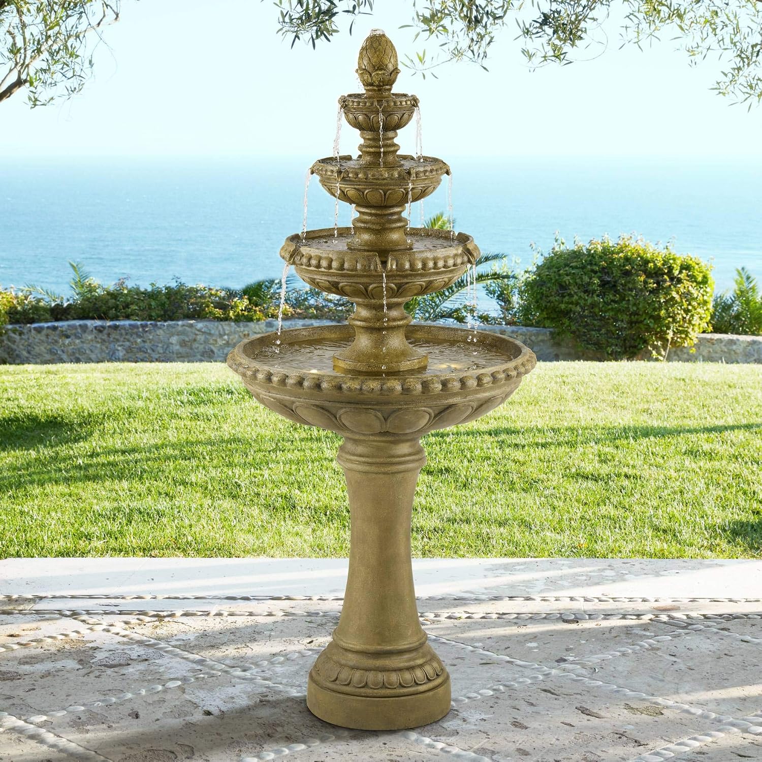 Sag Harbor 66" High Stone 4-Tier LED Outdoor Floor Large Fountain | Italian Decor Sand with Light Waterfall Standing Basin Water Feature for Outside