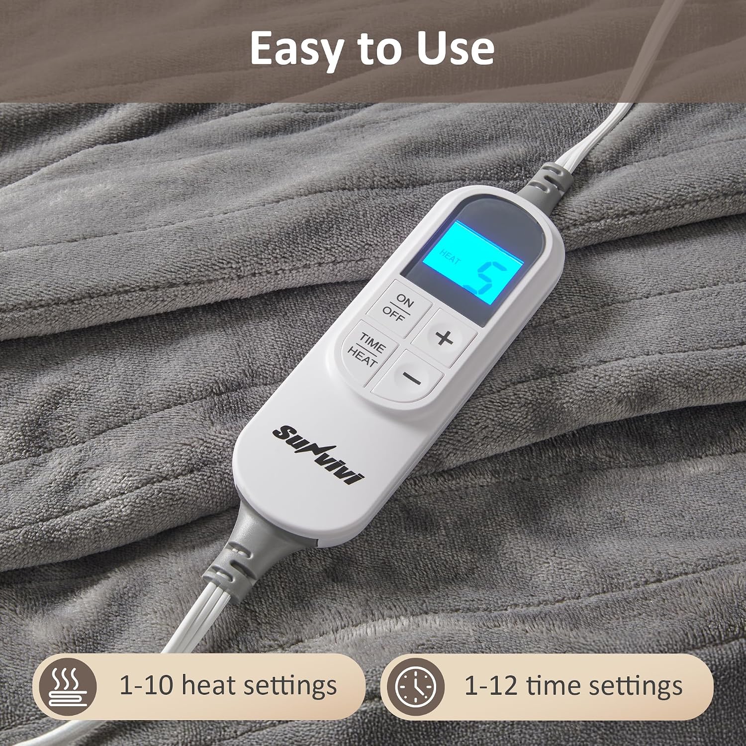 SUNVIVI Heated Blanket King Size, Heating Electric Throw Blanket Dual Control, 10 Heat Settings, 12 Hours Auto Off, Machine Washable, ETL Certified