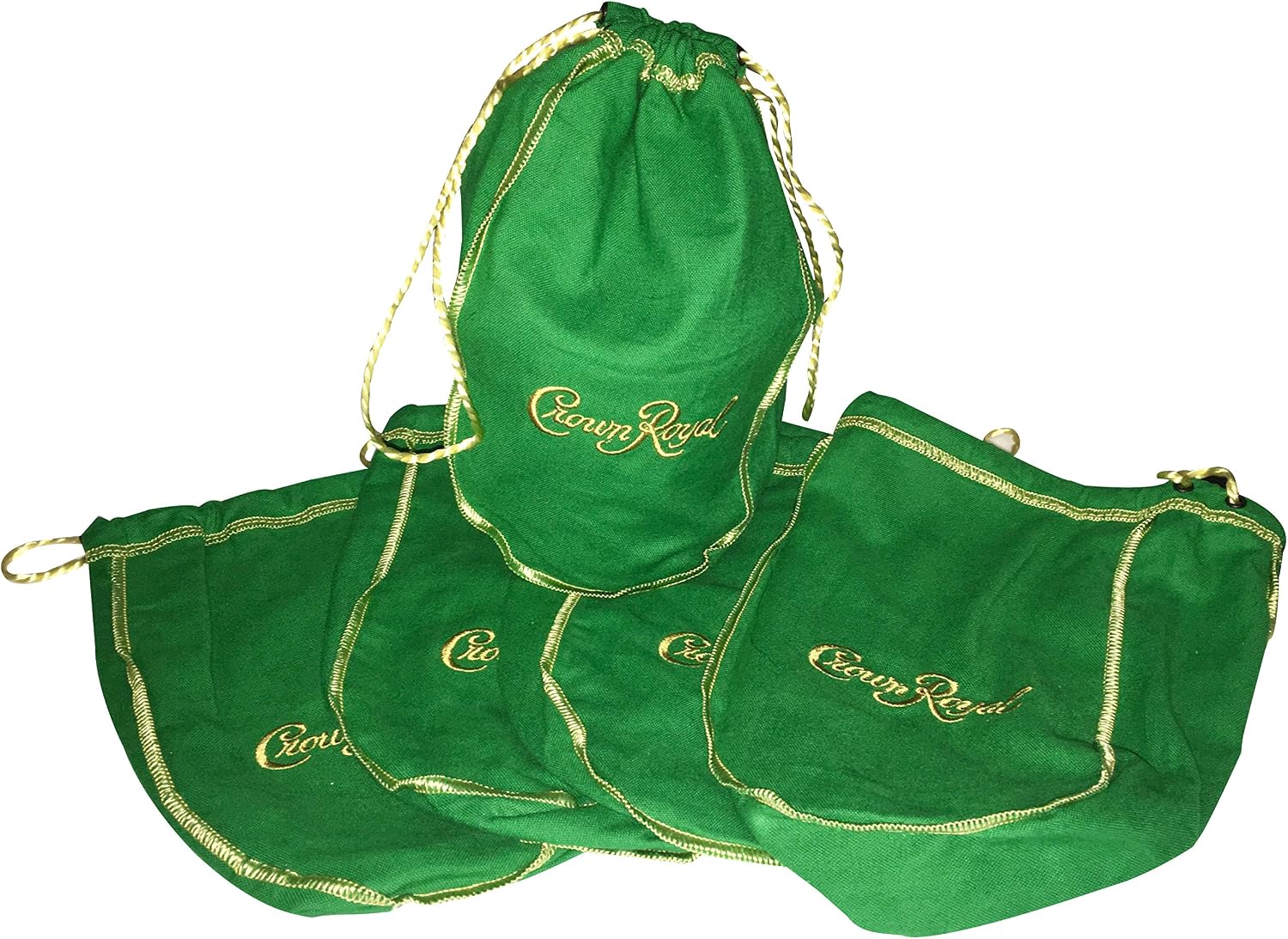 Pack of 5 Green Crown Royal Bags w/Gold Drawstrings from 1 Liter Bottles (9 inch x 5.5 inch) for Gift Bags