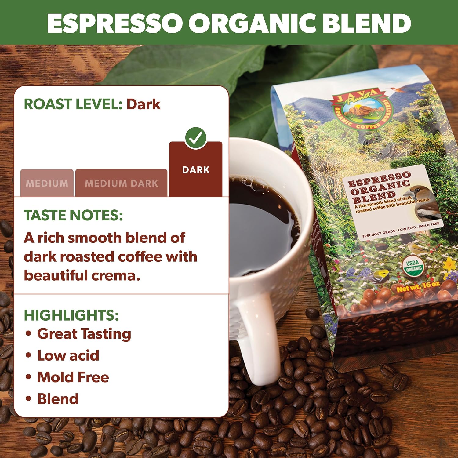 Java Planet Low Acid Organic Espresso Beans, Dark Roast Coffee Beans, 16 oz