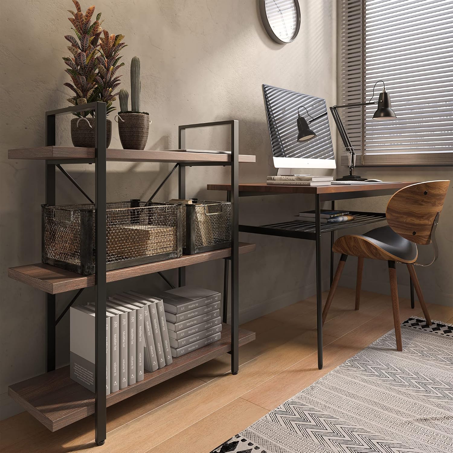 BELLEZE 4 Tier Modern Rustic Industrial Bookshelf, Open Wide Office Etagere Book Shelf