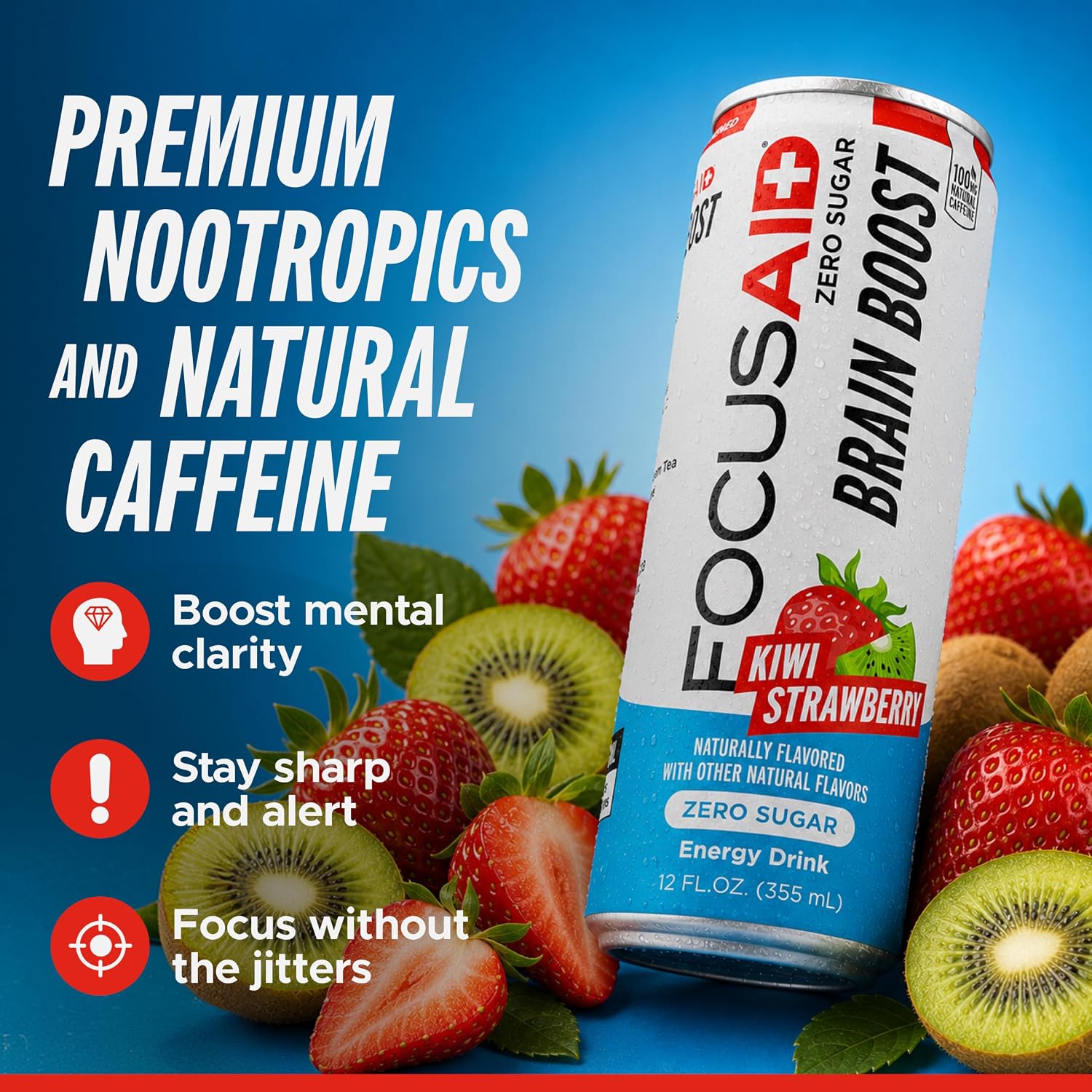 FOCUSAID Nootropic Energy Drink, 12 fl oz (12-Pack) | Nootropic energy drink with Alpha-GPC, GABA, B-Complex, Yerba Mate, & 100mg natural caffeine. 100% clean brain fuel.