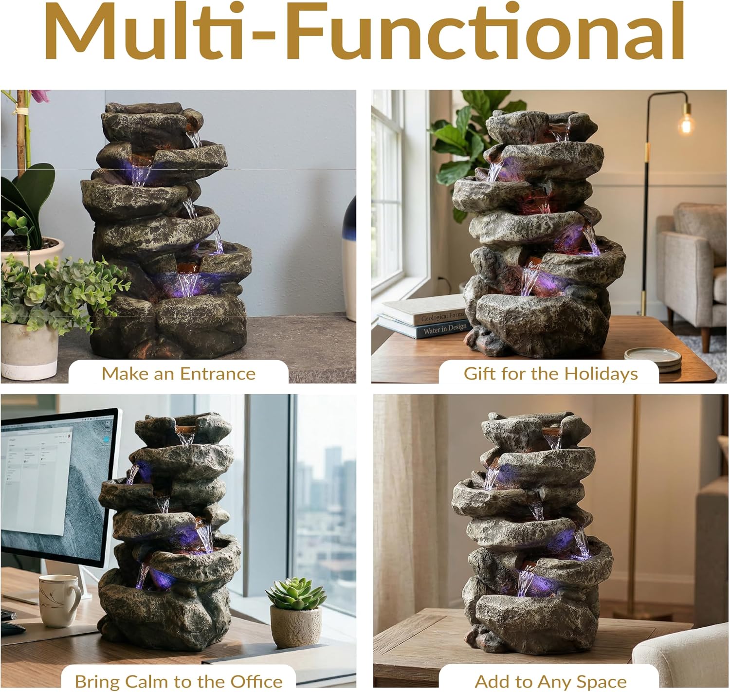 Sunnydaze 15" 6-Tier Tabletop Water Fountain with LED Lights, Stone Falls | Indoor Tabletop Fountain, Calming Sounds