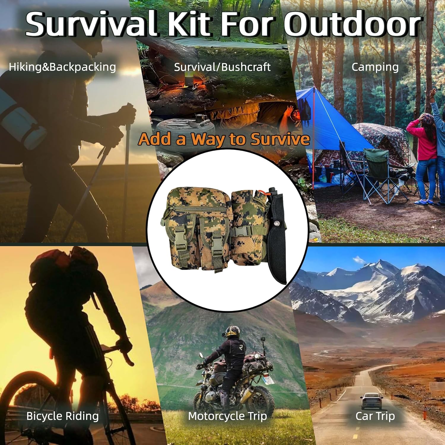 Camping Survival Kit, All in One Outdoor Emergency Gear with Knife, Fire Starter, Fishing Kit, Water Pouch & Compass for Hiking Backpacking Bushcraft Gift for Him