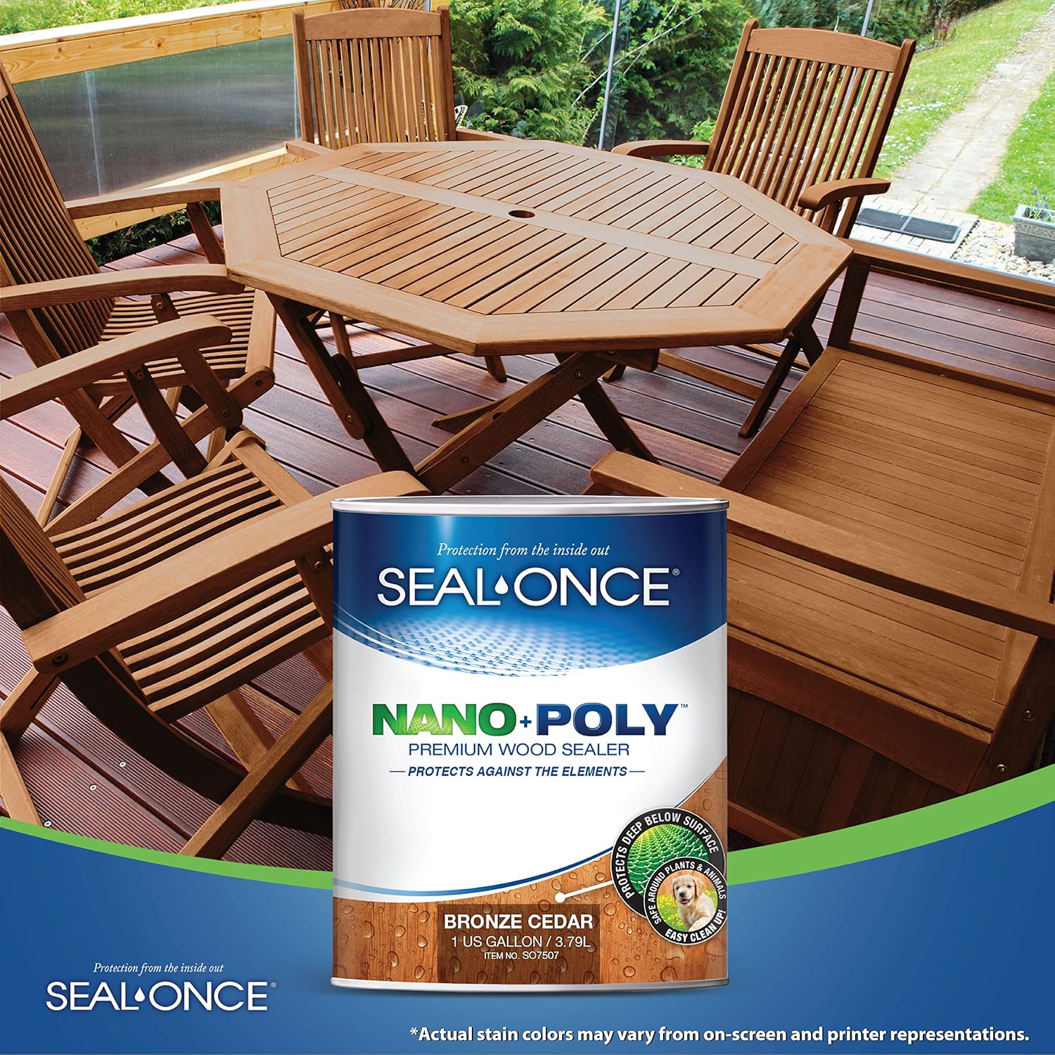 Seal-Once Nano+Poly Wood Sealer and Waterproofer, Clear, 1 Gallon | With Polyurethane, Water-based, Low-VOC, Waterproofer & Stain, For Decks, Fences & Log Homes