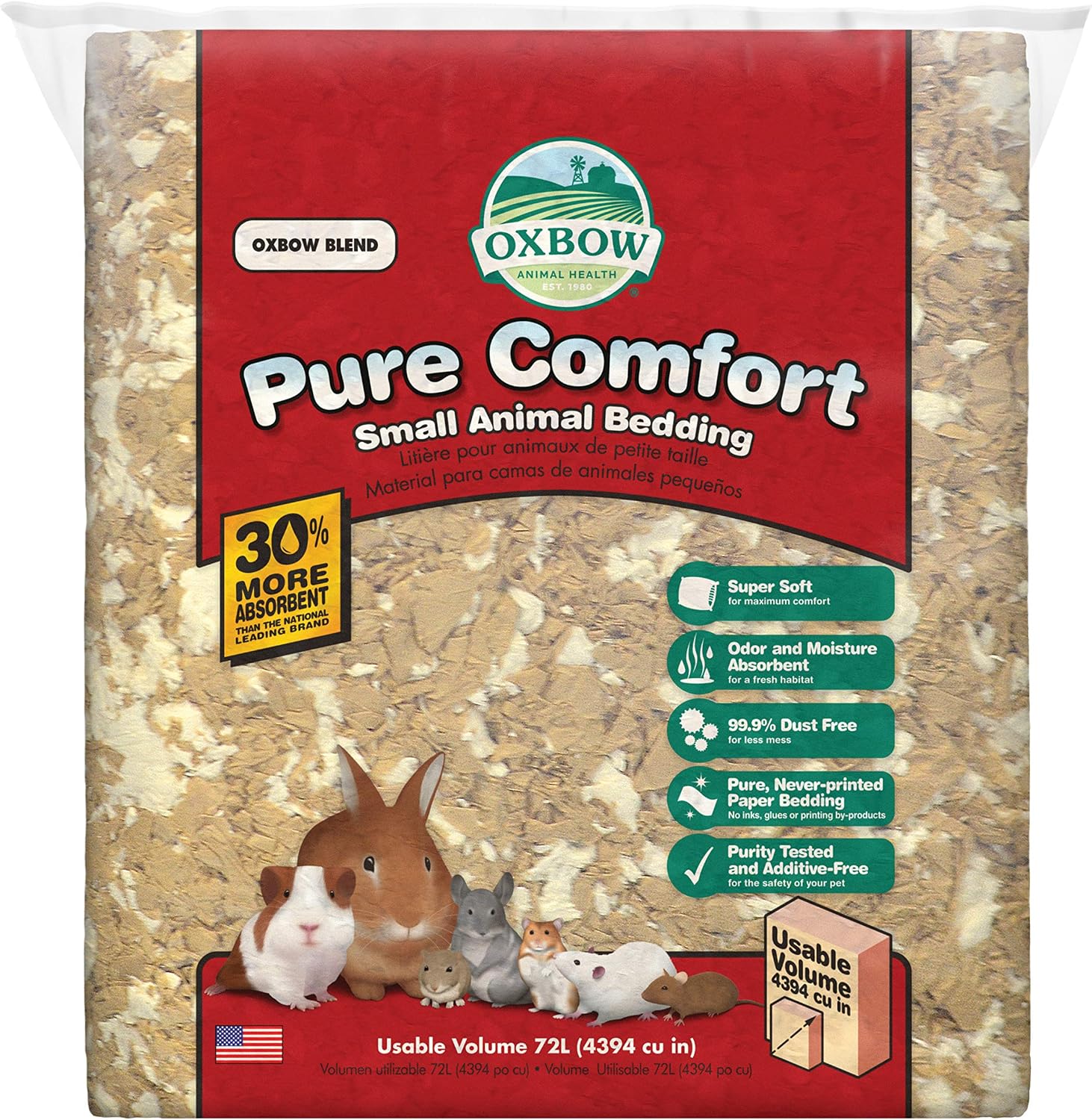Oxbow Small Animal Bedding, Hamster, Guinea Pig, Rabbit, White, USA, 36 L | Pure Comfort, Hamster Bedding, Guinea Pig Bedding, Low Dust, Virgin Paper, Litter Box, Bunny, Rats, Gerbils, Chinchillas