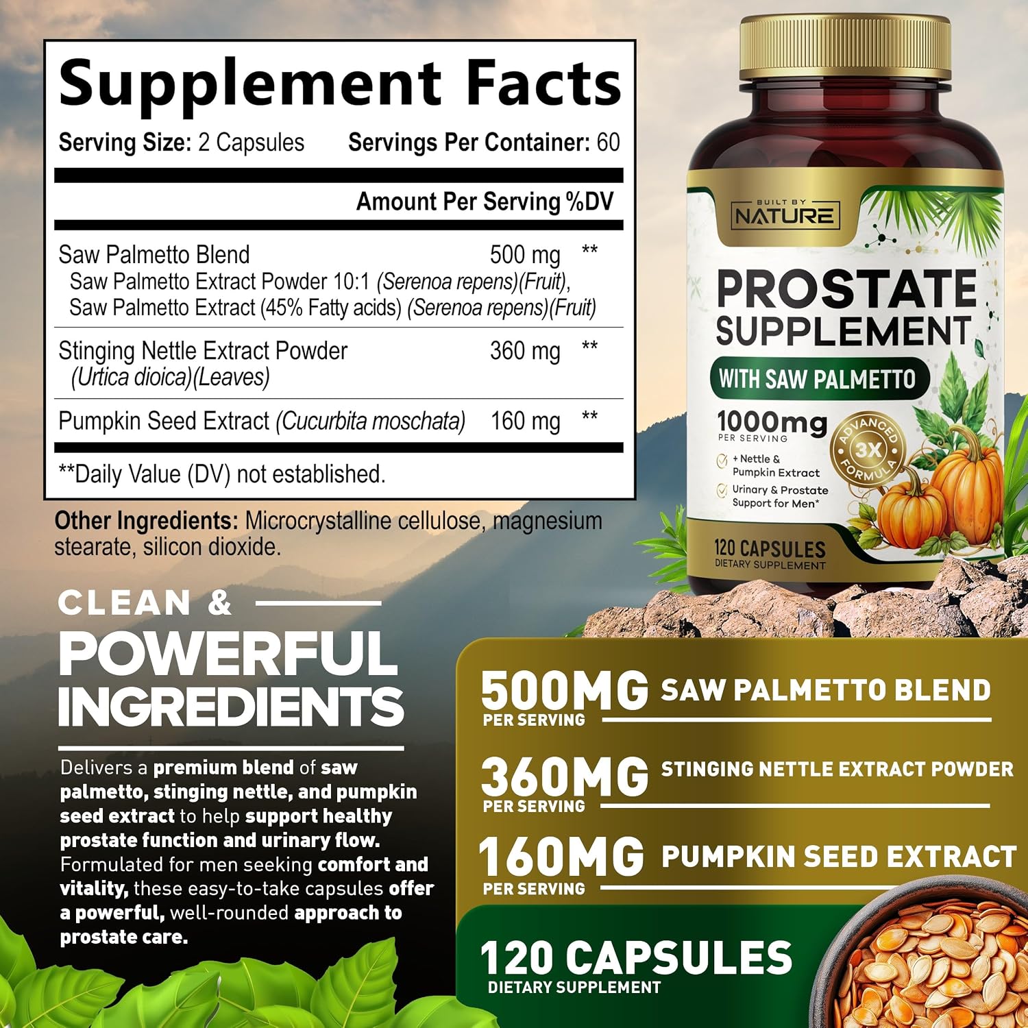 Built by Nature Prostate Supplement for Men, 120 Capsules Saw Palmetto, Advanced 3X Formula, Stinging Nettle and Pumpkin Seed Extract