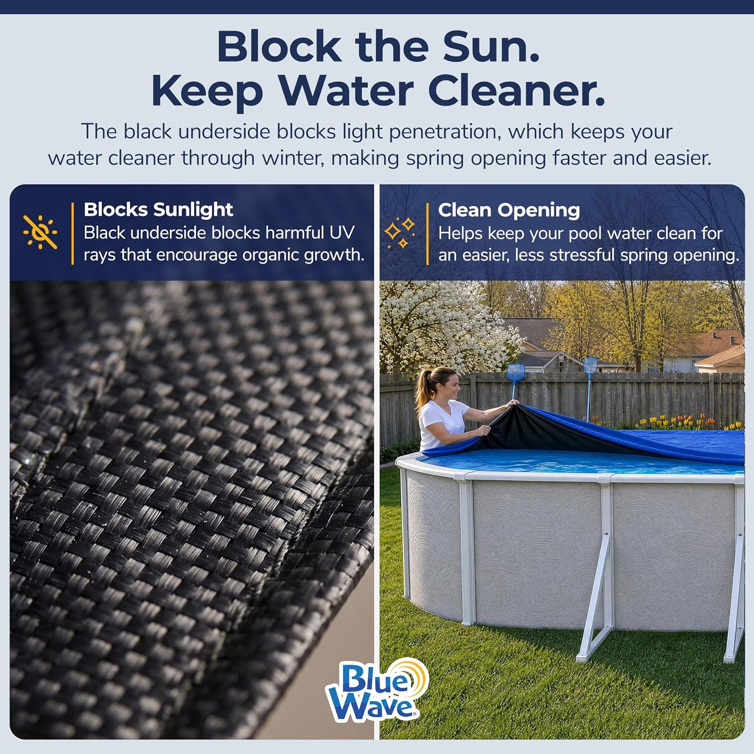 Blue Wave Arctic Armor 12x24-ft Oval Above Ground Pool Winter Cover, Blue | 14x14 laminated polyethylene, metal grommets every 2 ft, black underside, cable and winch, 4-ft overlap, 15-yr support