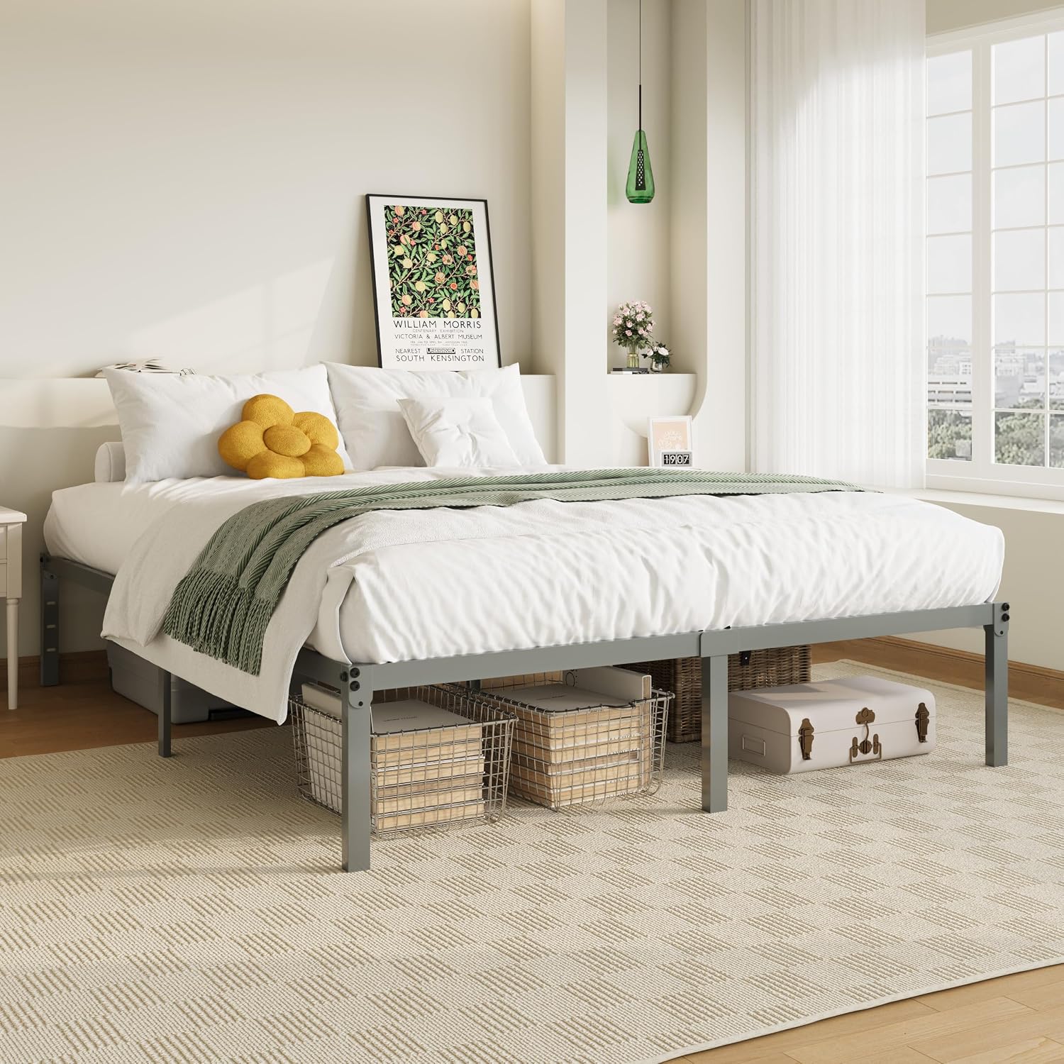 Allewie Full Size Bed Frame, 14 inch Metal Platform Beds with Storage Space, No Box Spring Needed and Easy Assembly, White