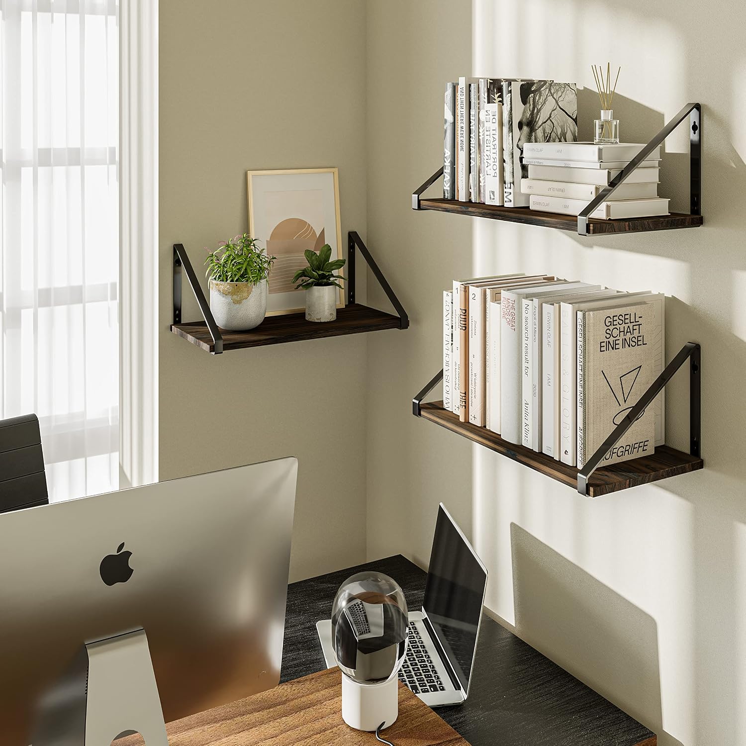 BAMEOS Floating Shelves Rustic Wood Wall Shelf, Small Bookshelf for Living Room, Office, Bedroom, with Metal Bracket