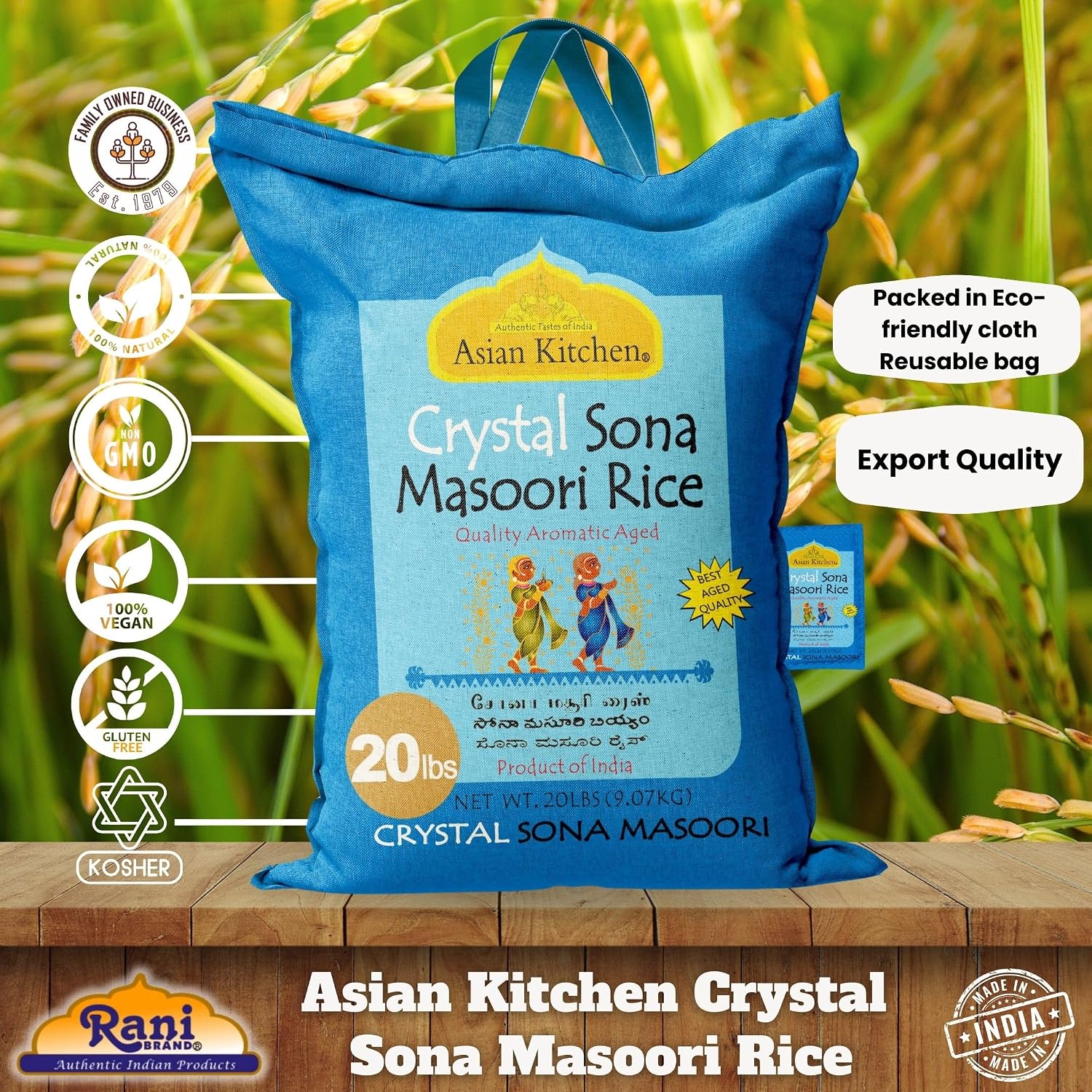 Asian Kitchen White Sona Masoori Aged Rice 20-Pound Bag, 20lbs (9.08kg) Short Grain Rice ~ All Natural | Gluten Friendly | Vegan | Kosher | Indian Origin | Export Quality