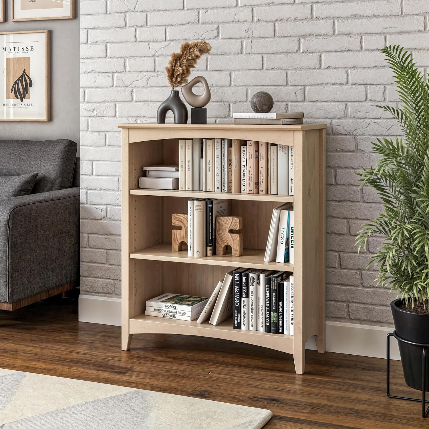 Shaker Style 3 Shelf Bookcase / Solid Wood / 36" High / Adjustable Shelving / Closed Back / Display Bookshelf for Living Room, Bedroom, Home and Office, White
