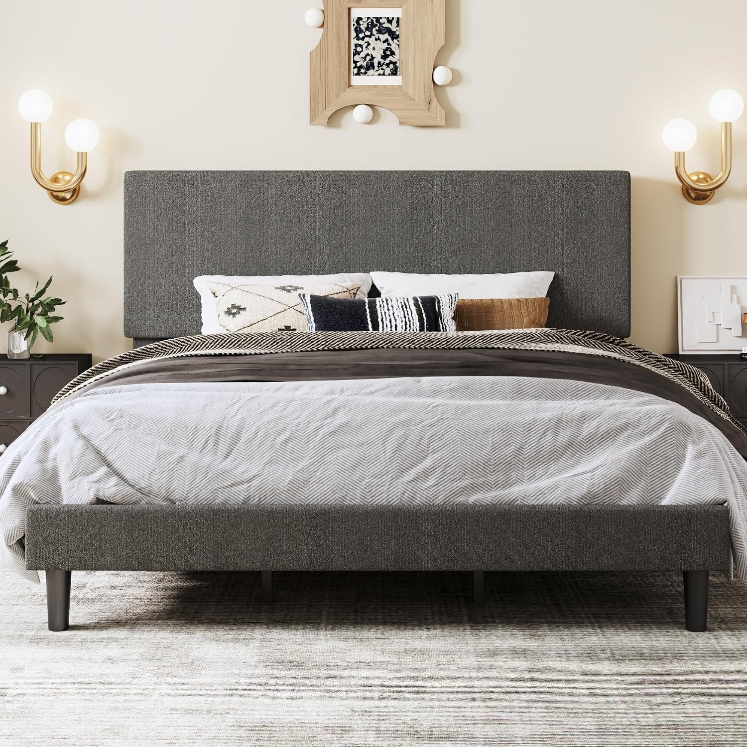 SHA CERLIN Boucle Upholstered Queen Size Bed Frame, White | Platform Bed with Adjustable Headboard, Wooden Slats Support, No Box Spring Needed, Noise-Free, Easy Assembly