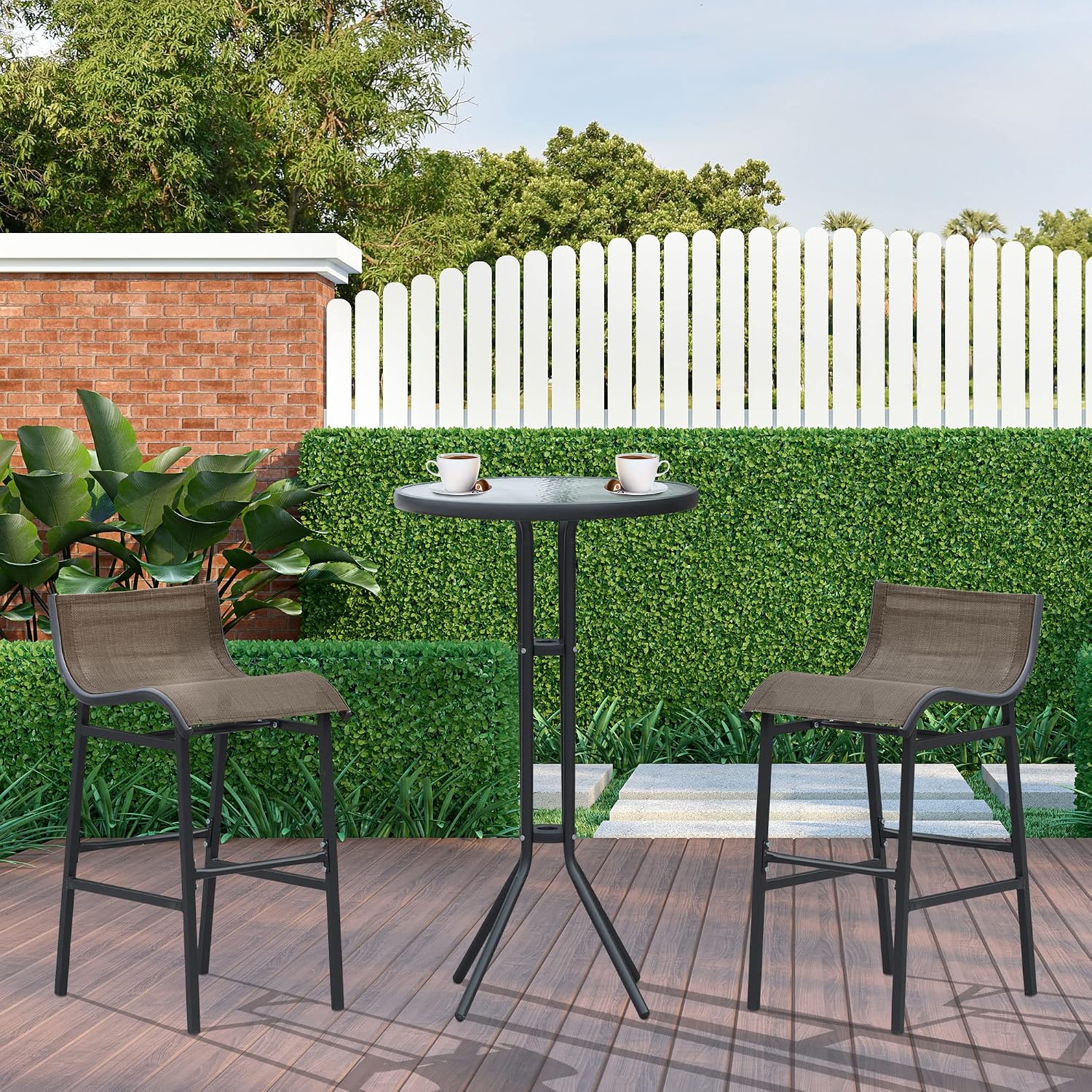 Outsunny 3 Piece Bar Height Outdoor Bistro Set for 2, Round, Tan | Patio Pub Table, 2 Chairs, Comfortable Design, Strong Build