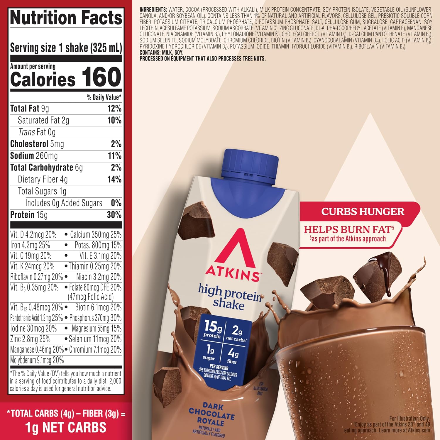 Atkins Milk Chocolate Delight High Protein Shake, 15g Protein, 12 Count | 15g Protein, 3g Fiber, 2g Net Carb, 1g Sugar, Chocolate Flavored, Keto Friendly, Ready to Drink, 12 Count
