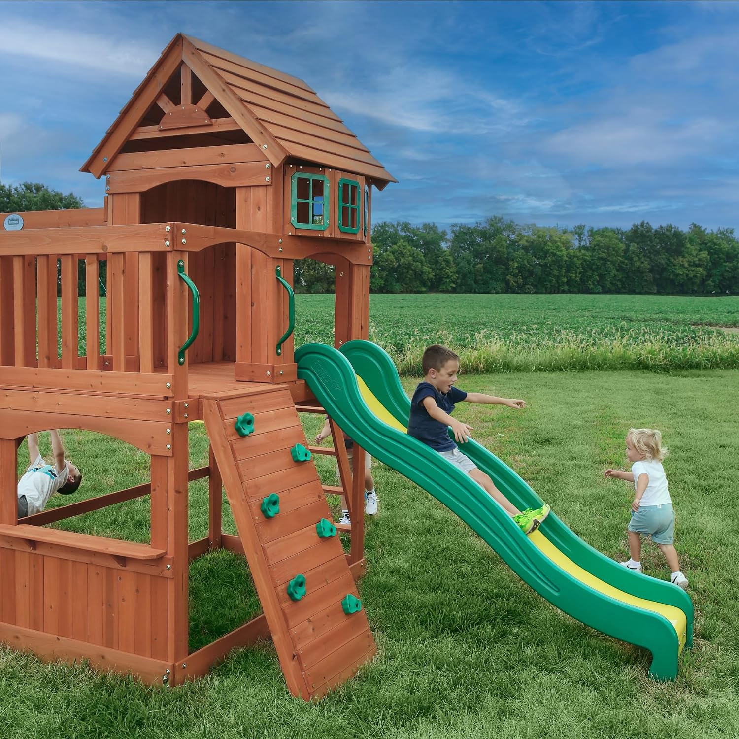 Backyard Discovery Atlantis Cedar Wood Swing Set with Wave Slide, Raised Clubhouse, Rock Wall, Belt Swings, Trapeze, Balcony, Lower Play Space