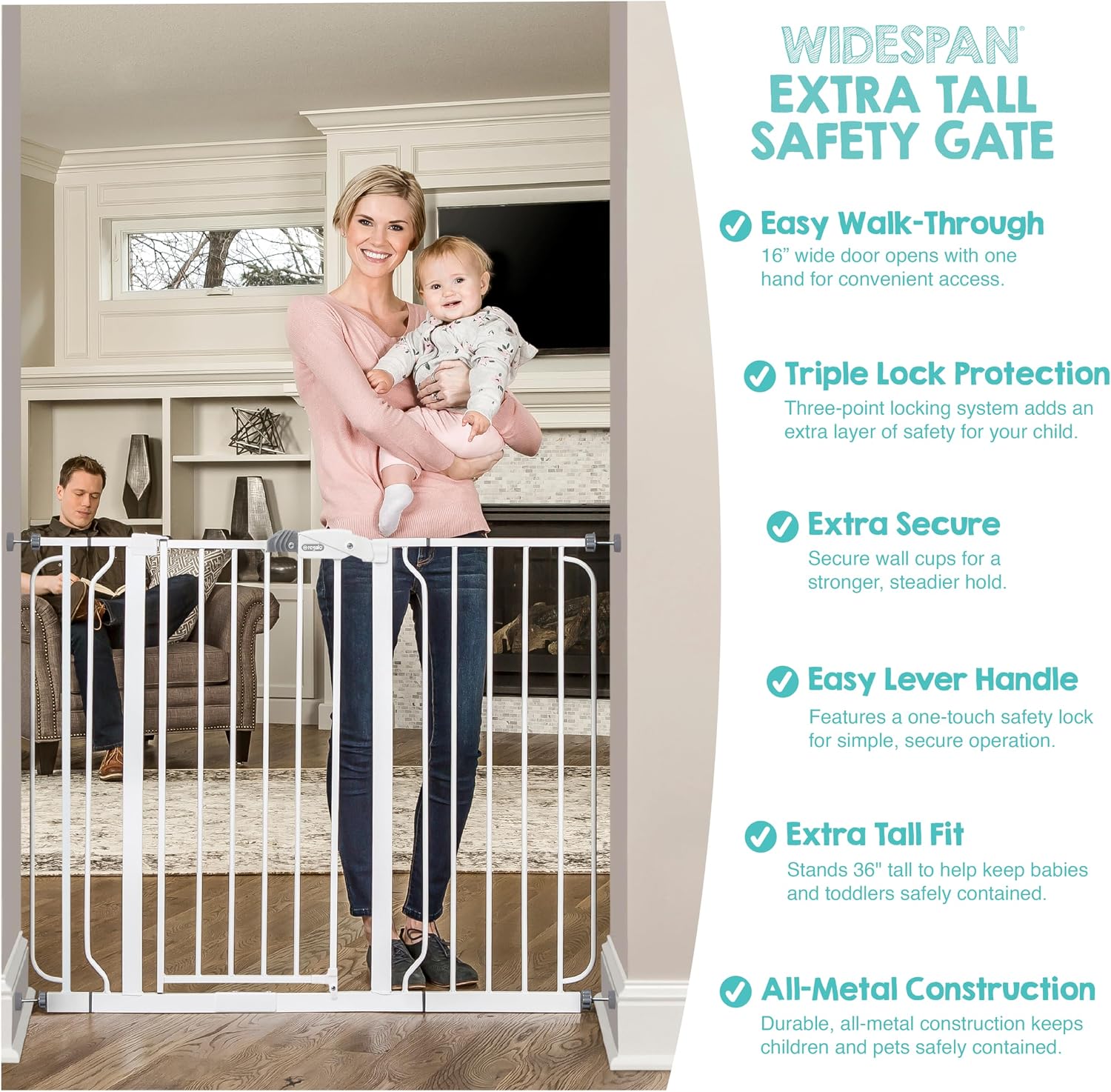 Regalo Safety 29"-49" Extra Wide Baby Gate, Bottom of Stairs & Doorways | Pressure Mounted with Door, For Babies, Toddlers & Pets, White, Tested & Trusted for 30 Years