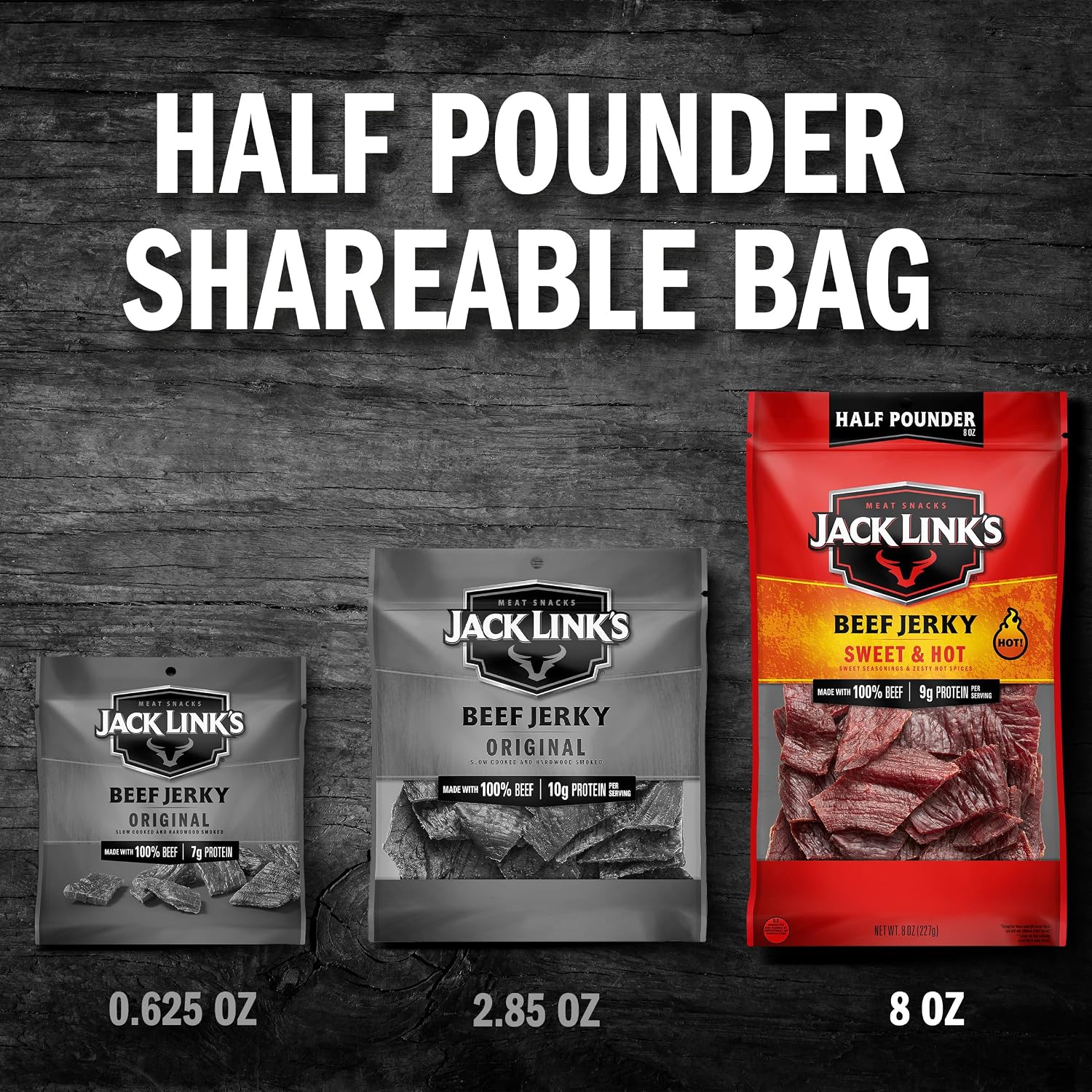 Jack Link's Peppered Beef Jerky Half Pounder - 8 oz Large Jerky Bag - Ready to Eat Real Meat Protein Snacks - 9g Protein per Serving - Made with 100% Real Beef | Large Jerky Bag - Ready to Eat Real Meat Protein Snacks - 9g Protein per Serving - Made with…