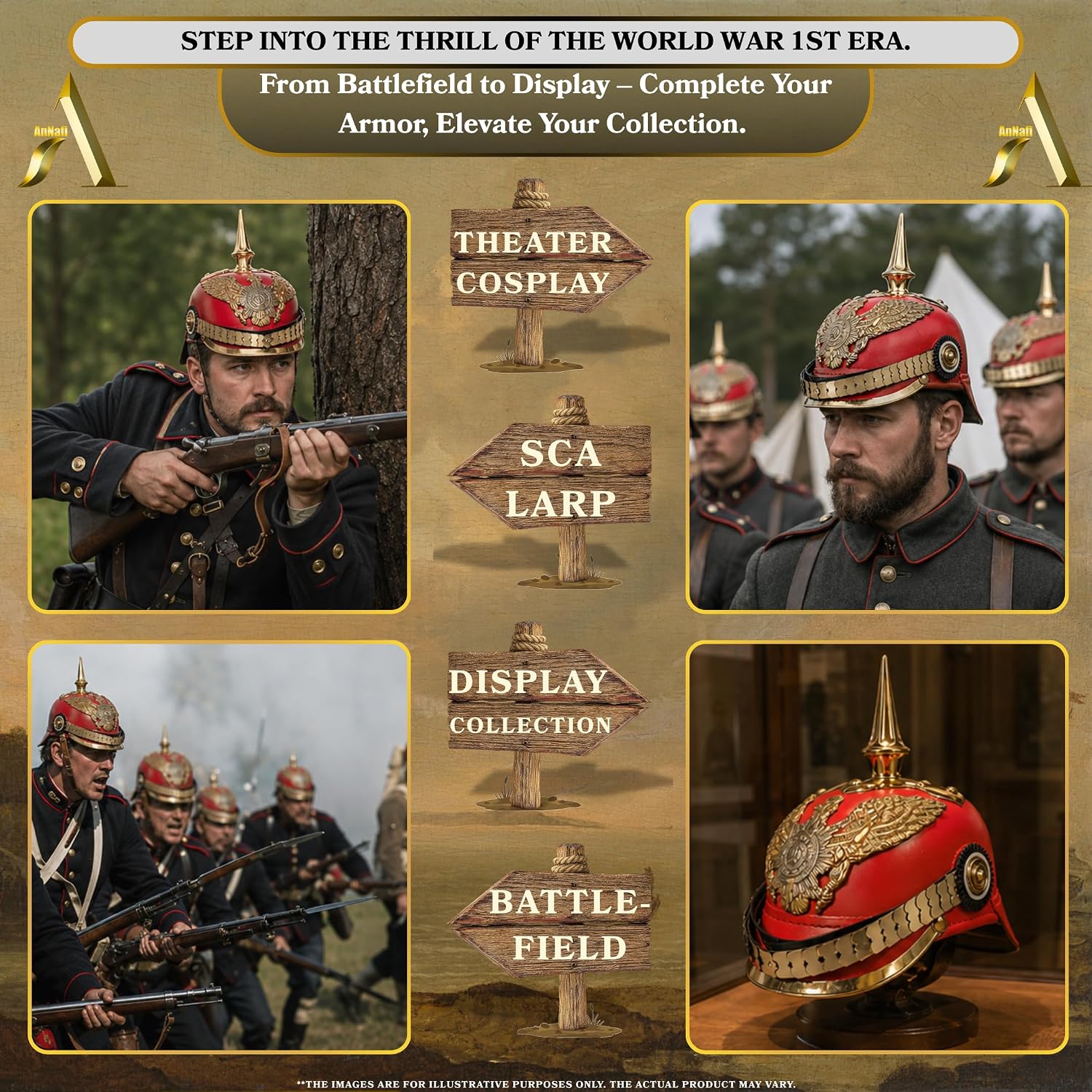 AnNafi Red German Pickelhaube Helmet, Leather Pickelhauben Imperial Prussian Helmet, Brass Military Officer Spiked Men’s Costume