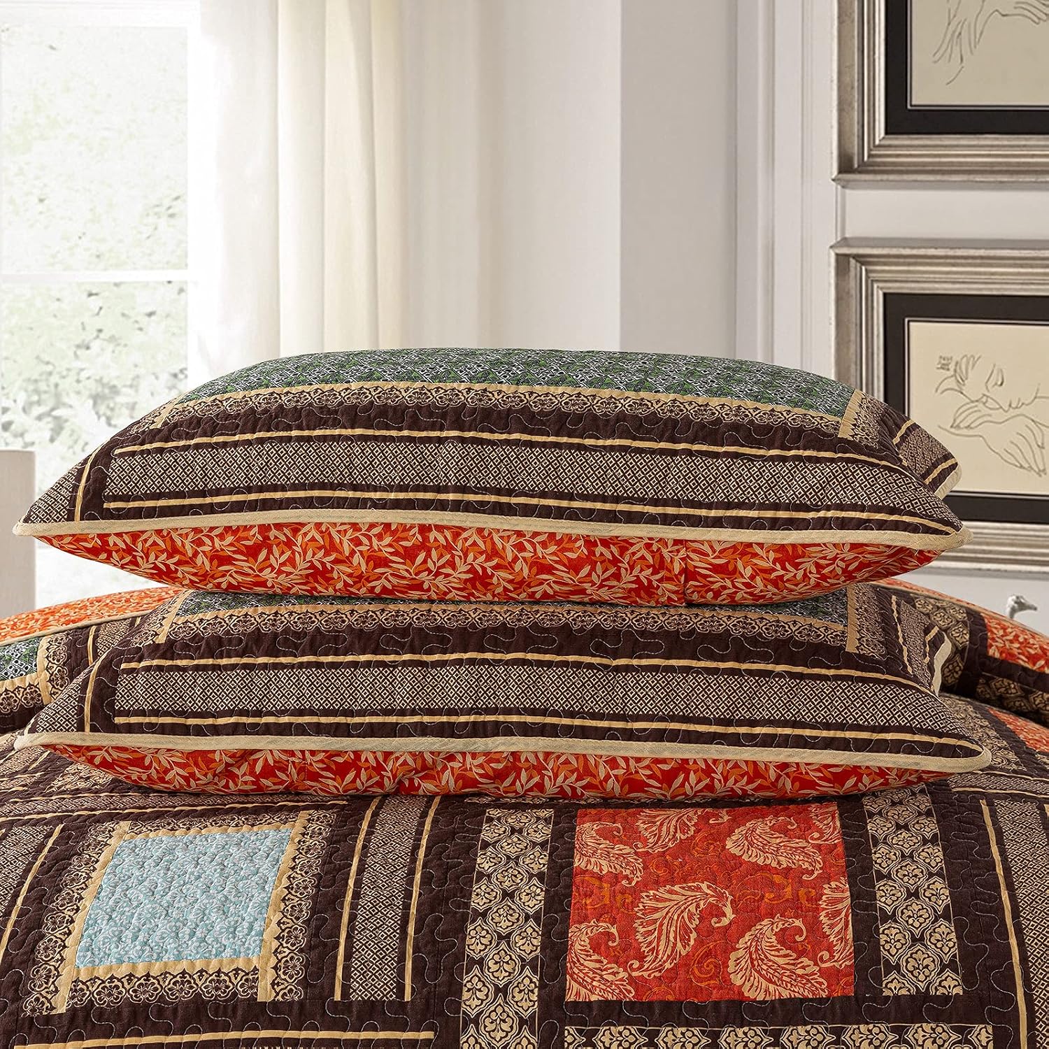 Striped Classical Cotton 3-Piece Patchwork Bedspread Quilt Sets, King Size