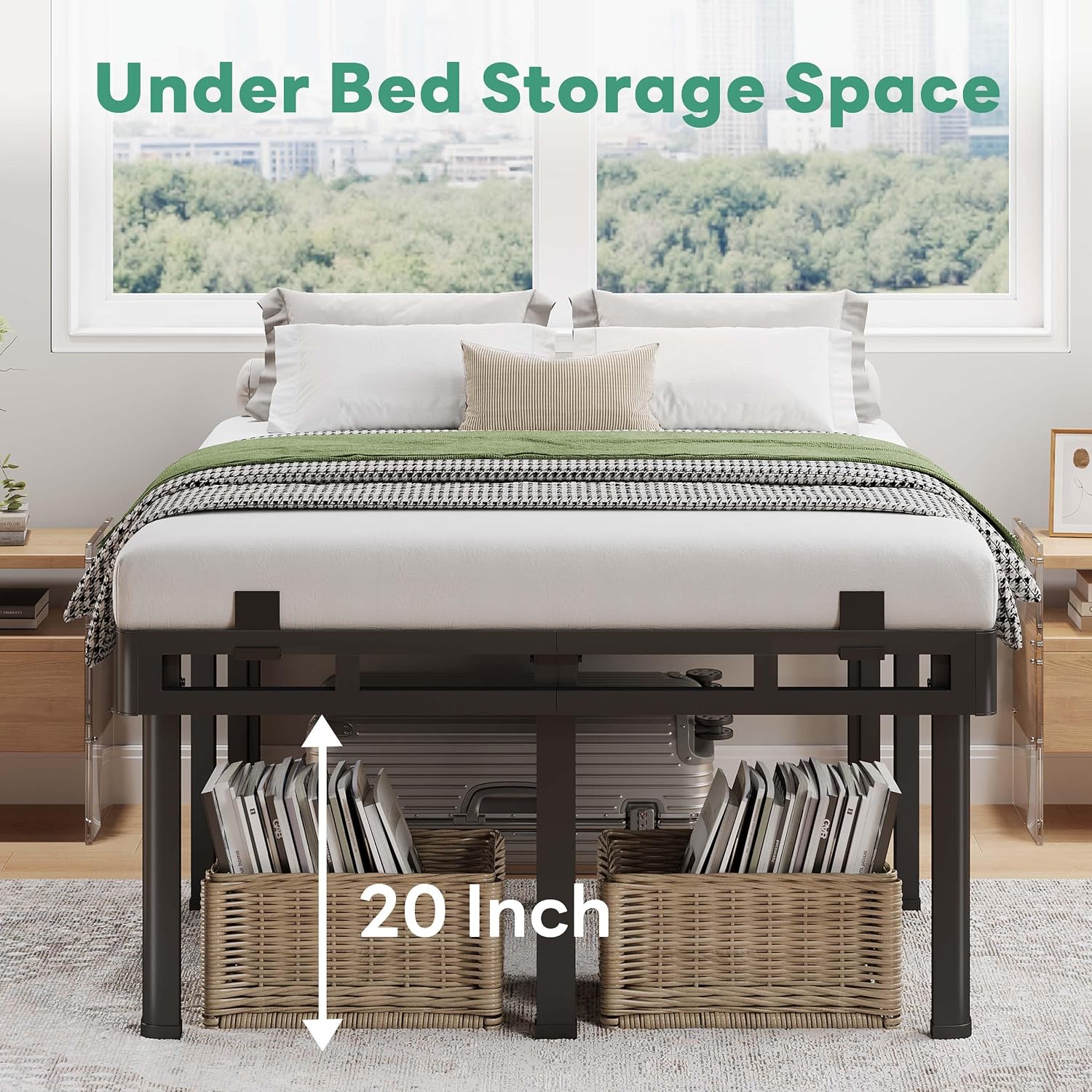 Superay 24 inch HIgh Queen Bed Frame with Rounded Legs, Double Layer Design | Metal Bed Frame & Box Spring 2 in 1 High Platform with Matress Gasket & headboard Adapter, Heavy Duty Support 4000lbs, Black