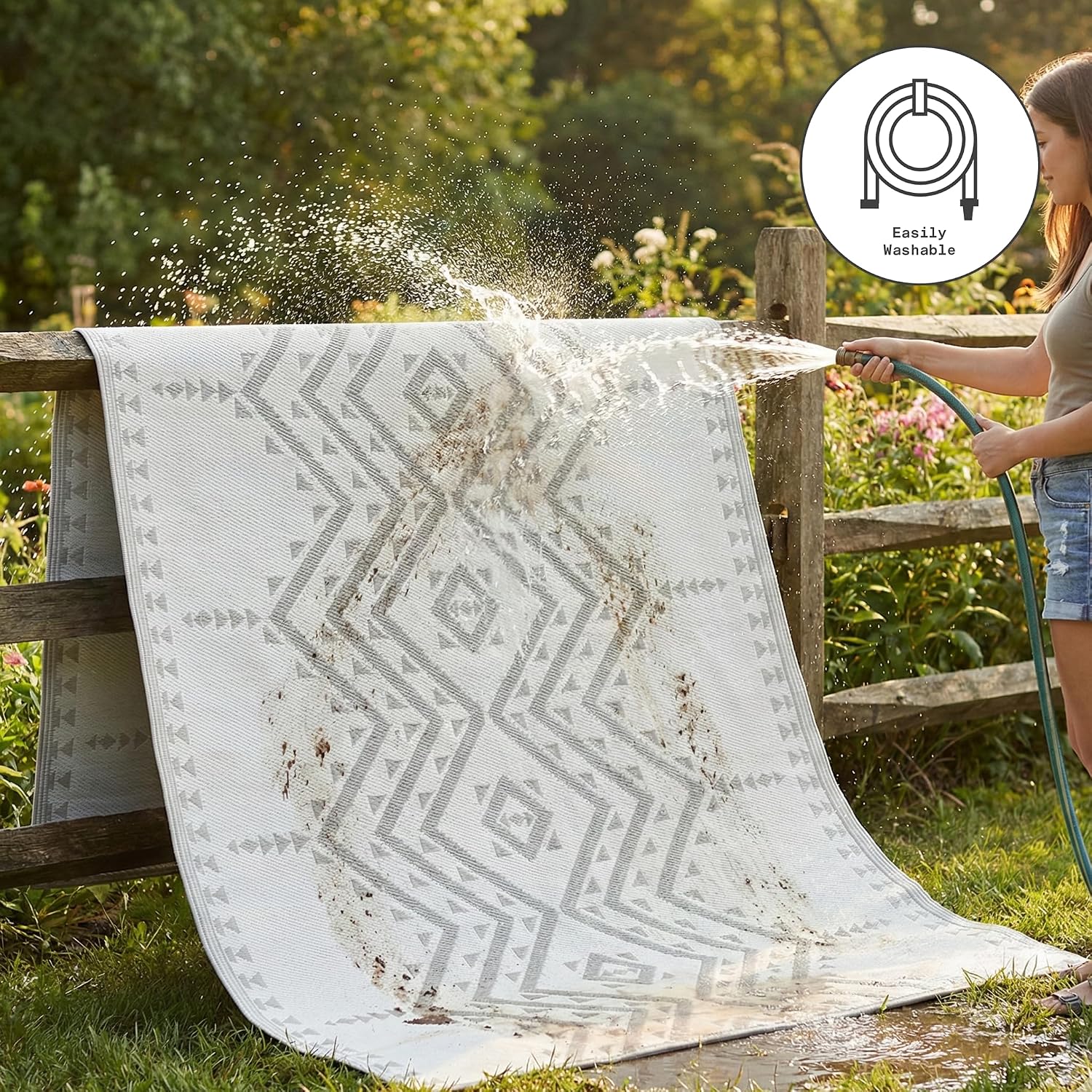 Fab Habitat Outdoor Rug - Waterproof, Fade Resistant, Crease-Free - Premium Recycled Plastic - Geo Tribal - Porch, Deck, Balcony, Mudroom
