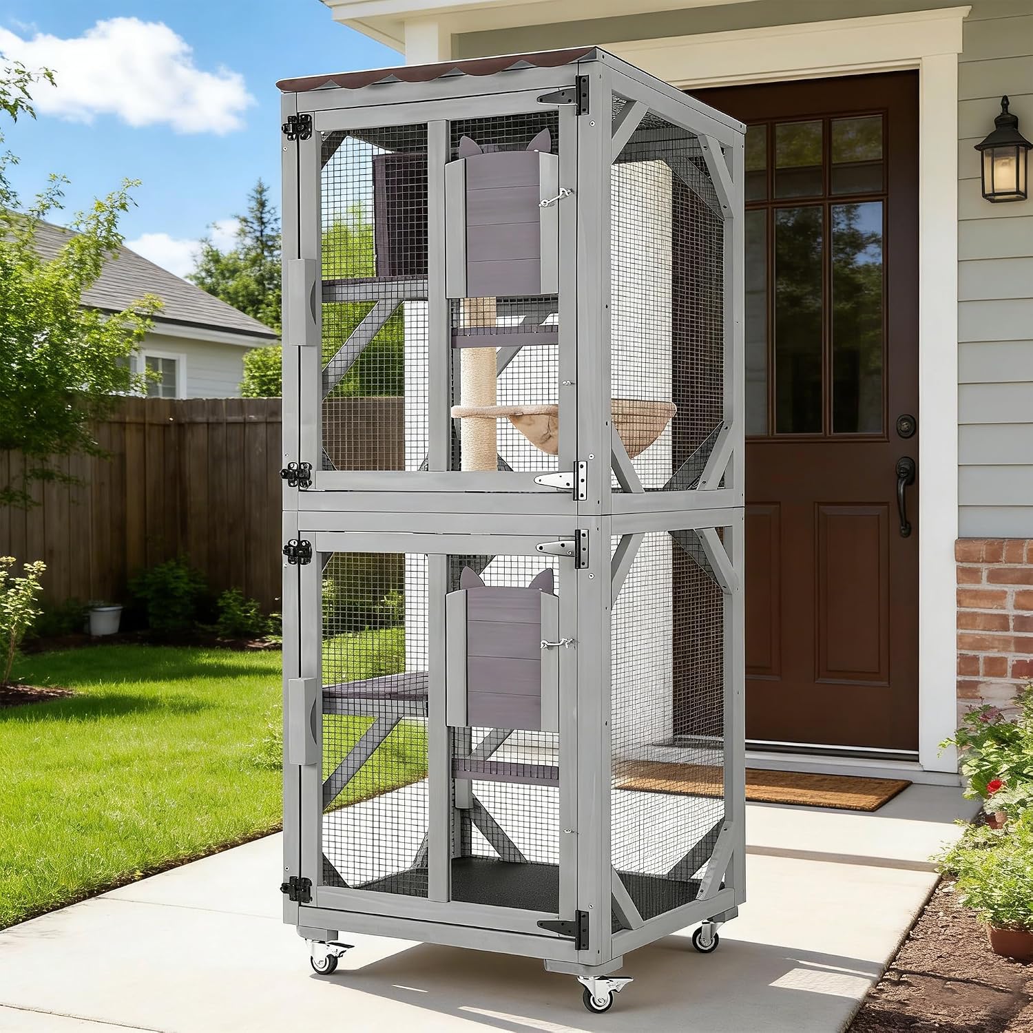 Aivituvin Cat House Outdoor Cat Catio Wooden Large Enclosure with Run on Wheels 70.9" Upgraded Version Catio with Reinforcement Strip