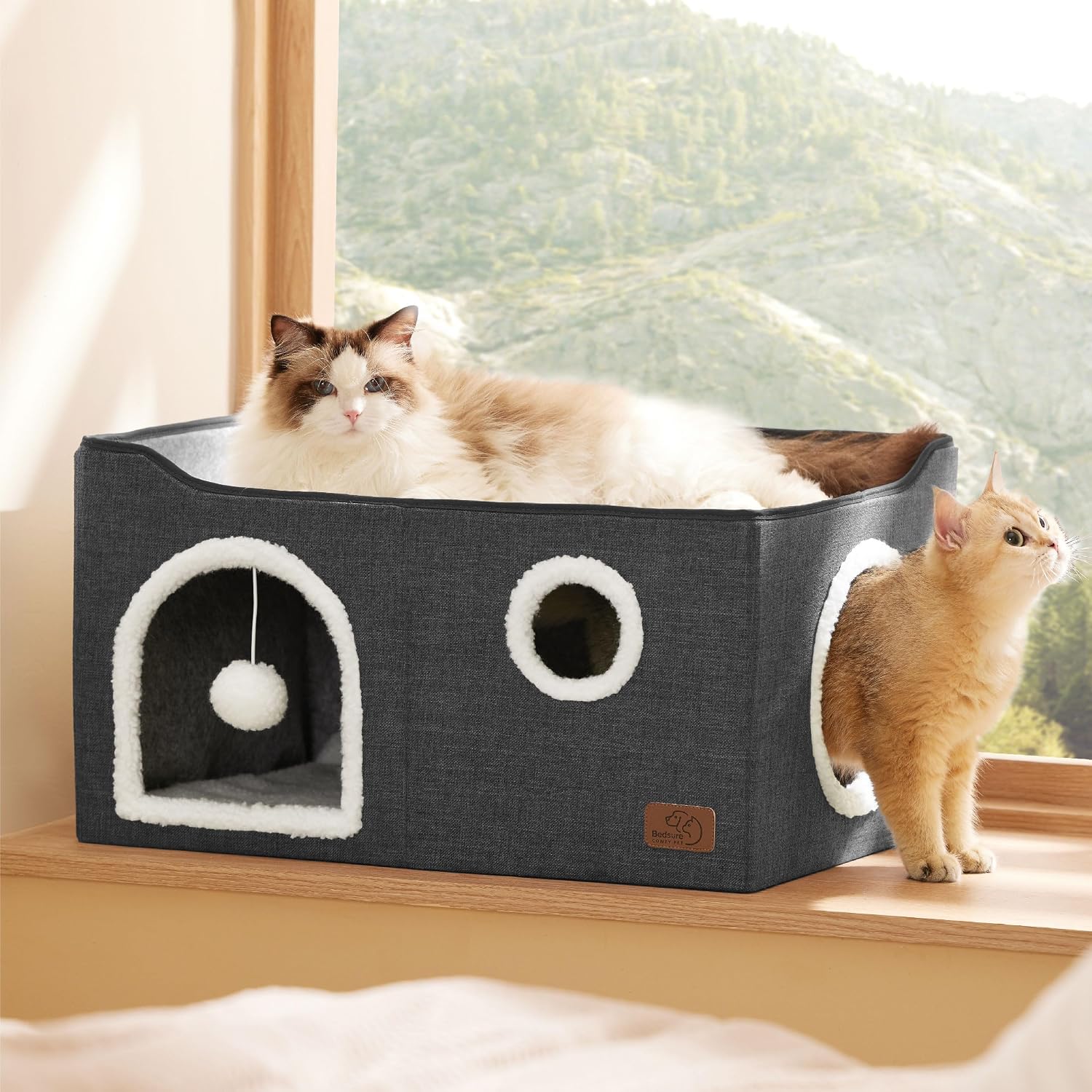 Bedsure Cat House Bed for Indoor Cats with Fluffy Ball and Scratch Pad,Grey