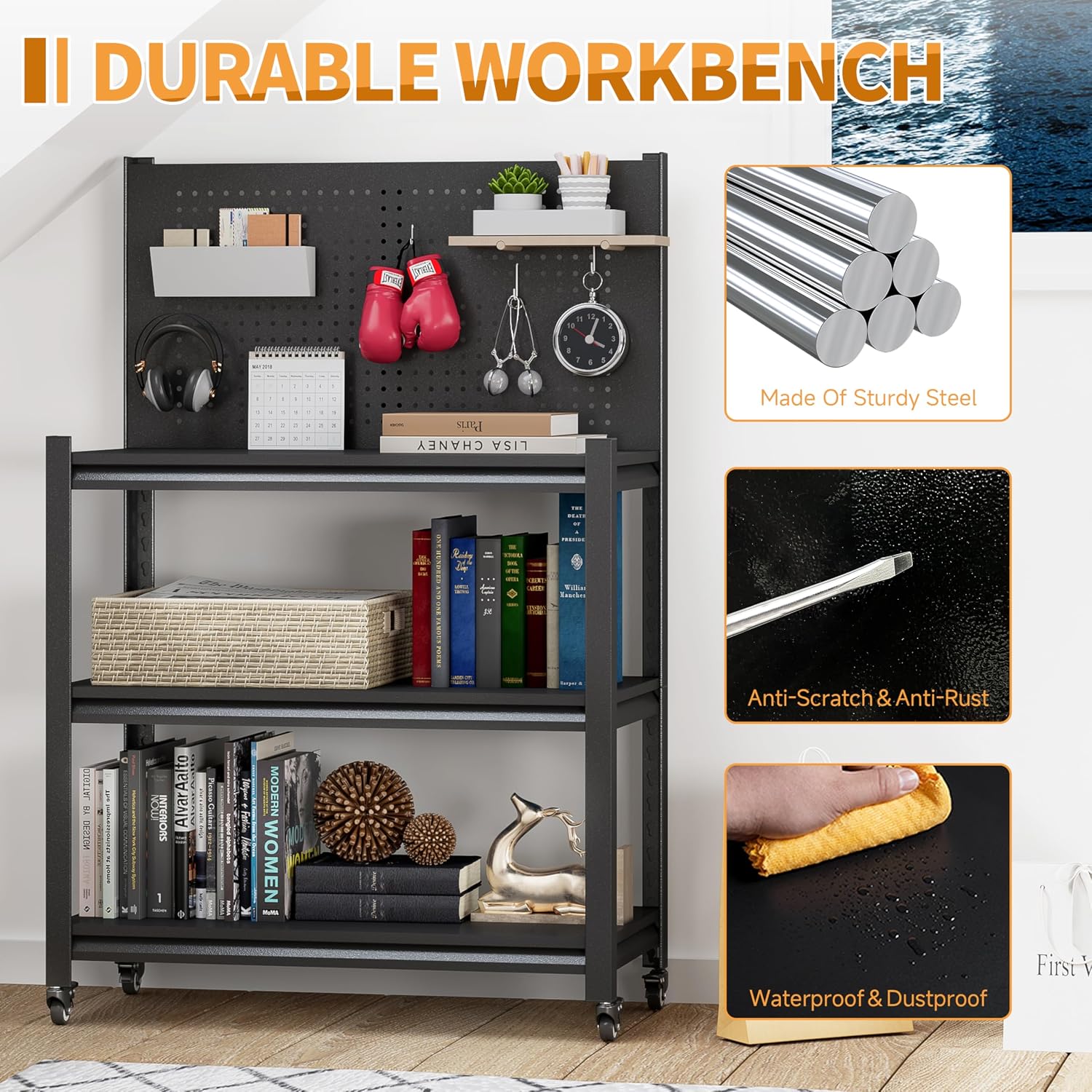 32" H Metal Garage Workbench with Wheels,3-Tier Garage Roling Tool Work Bench,Adjustable Heavy Duty Work Table on Wheels,Black Mobile Garage Workstation for Warehouse Workshop,Screwless Design