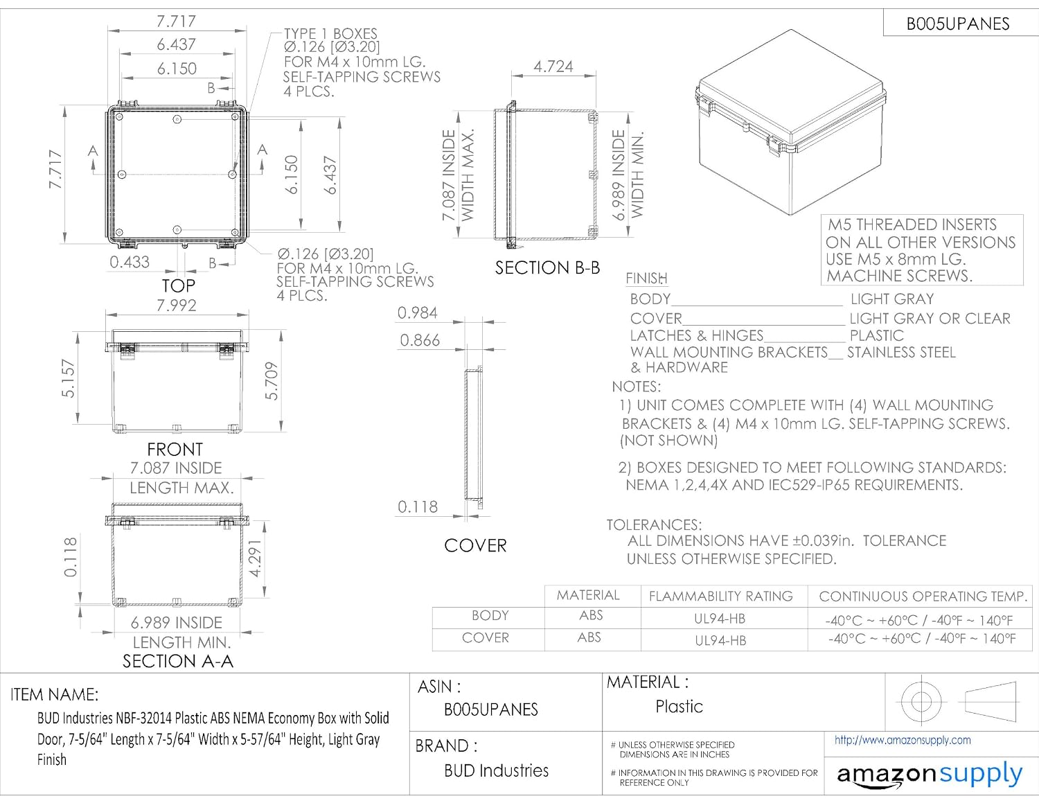BUD Industries NBF-32014 Plastic Indoor NEMA ABS, 7.72" L x 7.72" W x 5.71" D, White