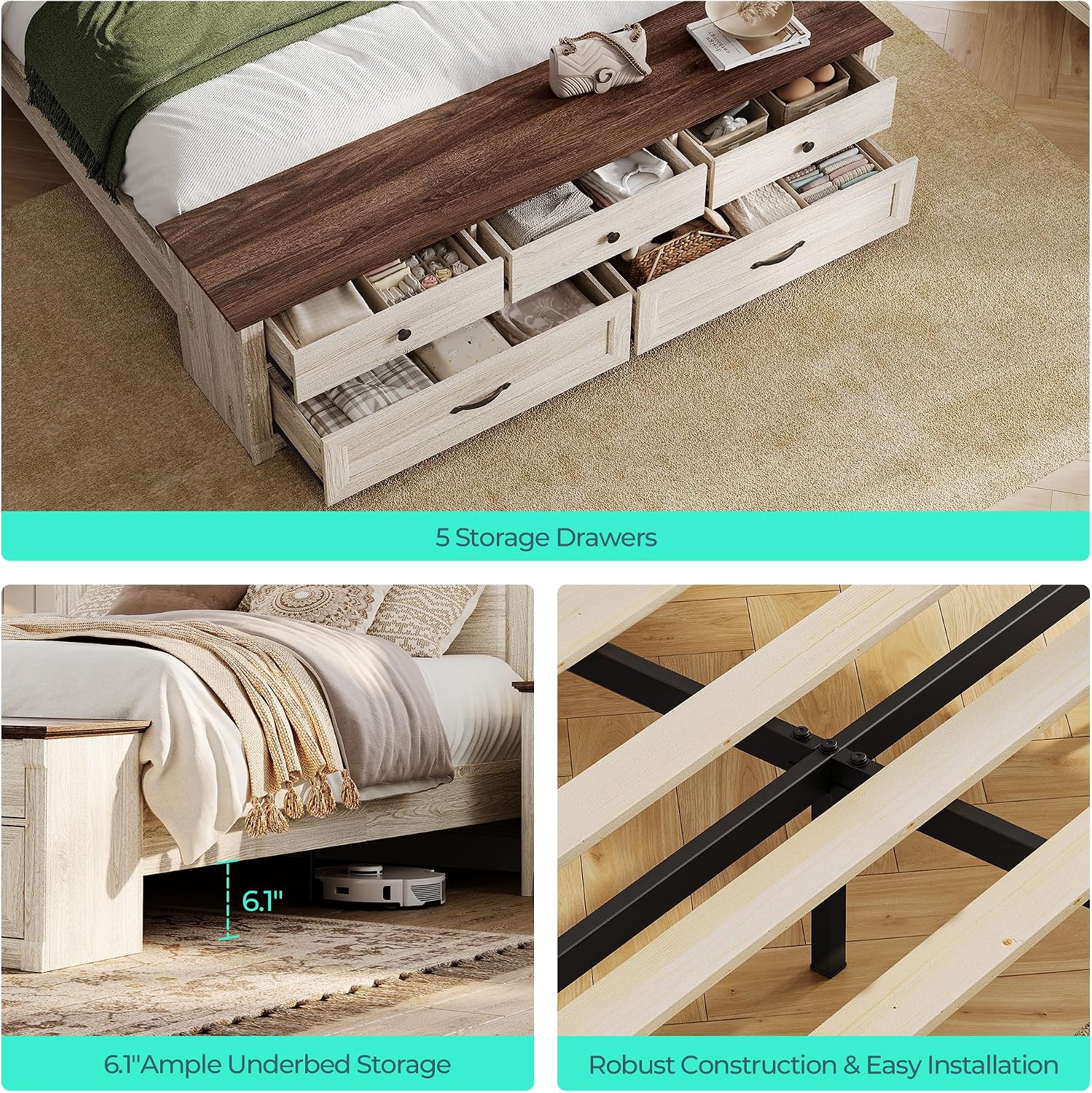 LINSY Storage Bed Frame Queen Bedframe with Drawers, Farmhouse Bed Frame Queen-Size with Headboard and Footboard Bench