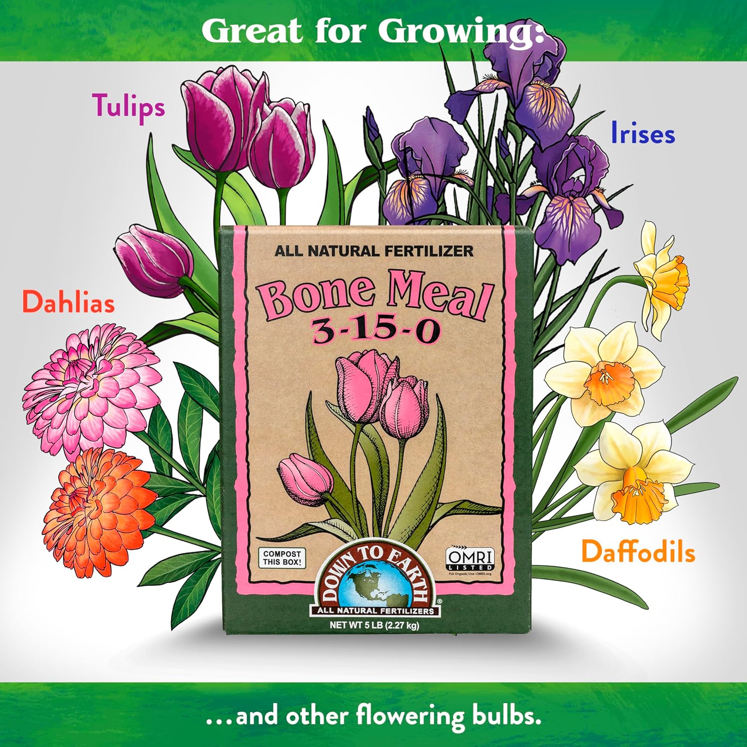 Down To Earth All Natural Fertilizers Organic Bone Meal - 3-15-0, 5 lb | High Phosphorus Plant Food for Buds, Bulbs, Blooms, Flowers, Onions, Garlic