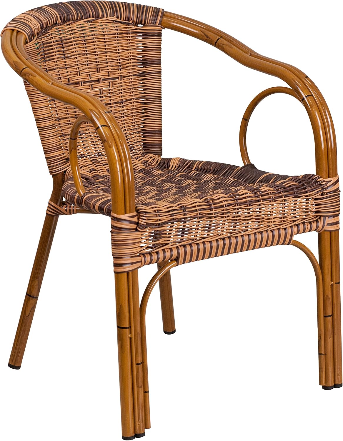 EMMA + OLIVER Brown Rattan Patio Chair with Dark Red Bamboo | Durable Construction, Commercial Use