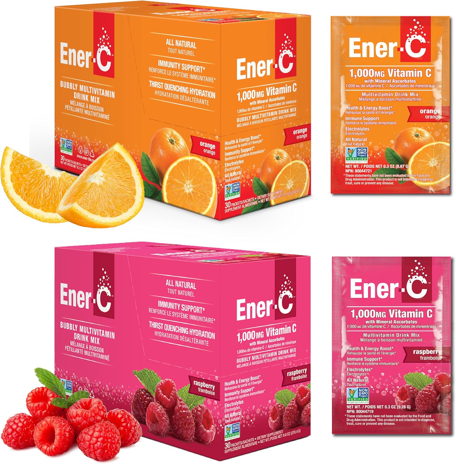 Ener-C Multivitamin Drink Mix, Electrolytes Powder - Raspberry, 30 Count | Vitamin Packets for Water, Vitamin Drink Mix, Hydration Liquid Mix, Immune Booster for Adults, Healthy Energy