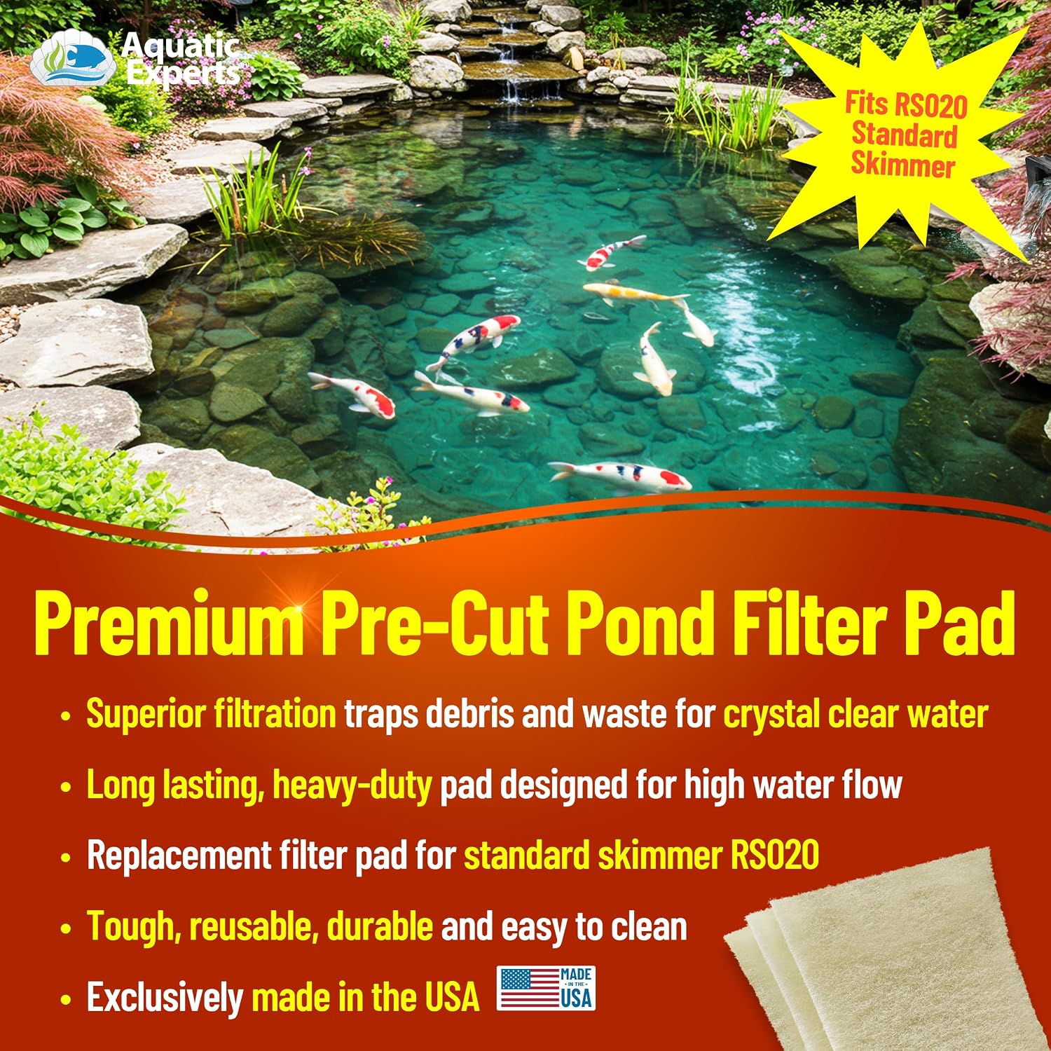 Aquatic Experts Cream COARSE Pond Filter Pad - 2 inch Thick - Bulk Roll Water Garden Filter Pond Media - Made in USA, (12" x 36")