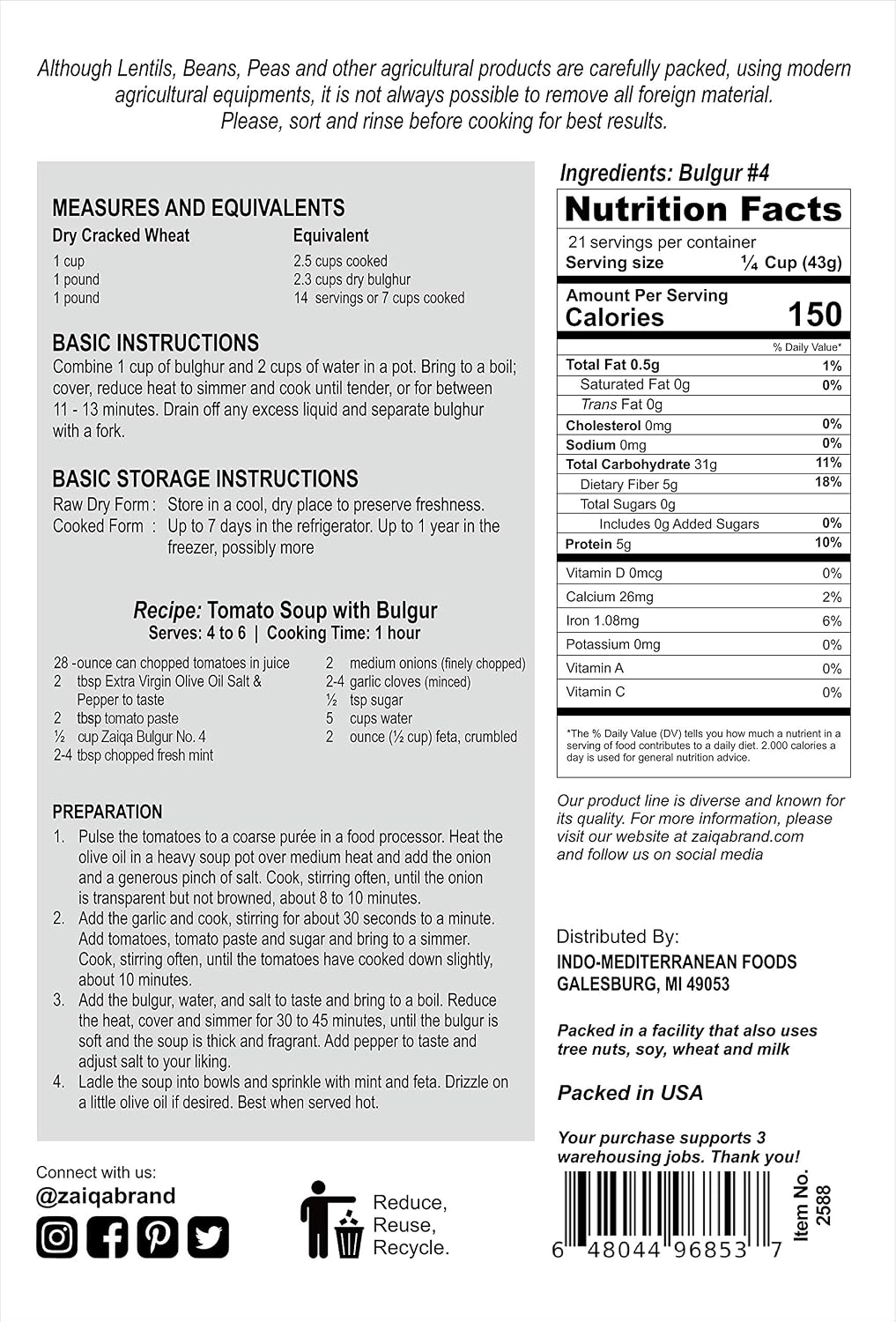 Zaiqa Bulgur Wheat #3 Coarse Grain - 2LB | 100% Whole Durum, Non-GMO & Vegan | Quick-Cooking Ancient Grain for Pilaf, Hearty Sides, Stuffing & Soups
