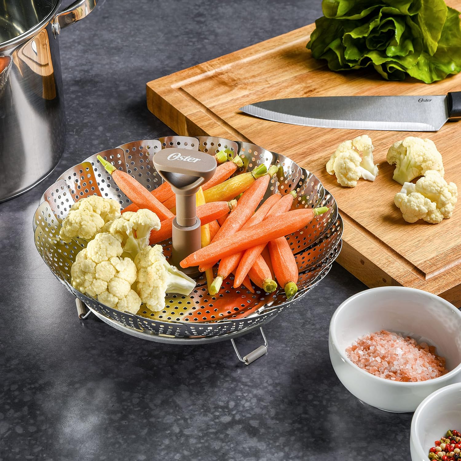 Oster Dutch Oven with Steamer Basket 3-Quart - Sangerfield Stainless Steel, Stovetop Steamer for Vegetables, Rice & Tamales, Dishwasher Safe