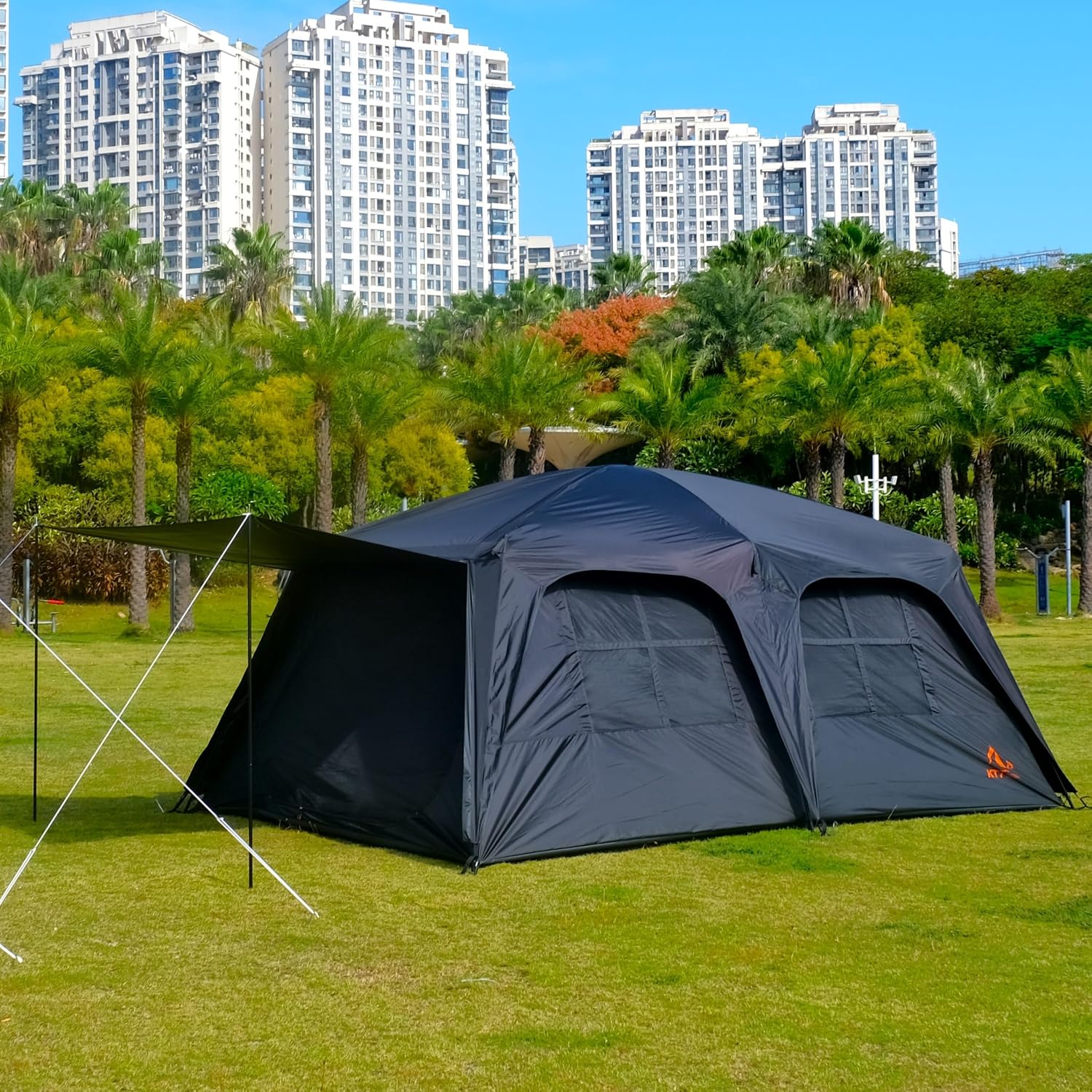 KTT Extra Large Tent 12-14 Person, Family Cabin Tents, 2 Rooms, Straight Wall, 2 Doors 4 Windows with Mesh, Waterproof, Double Layer