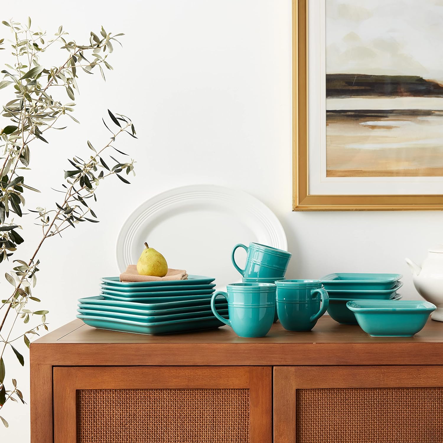 American Atelier Madelyn Square Dinnerware Set, 16-Piece, Turquoise Green