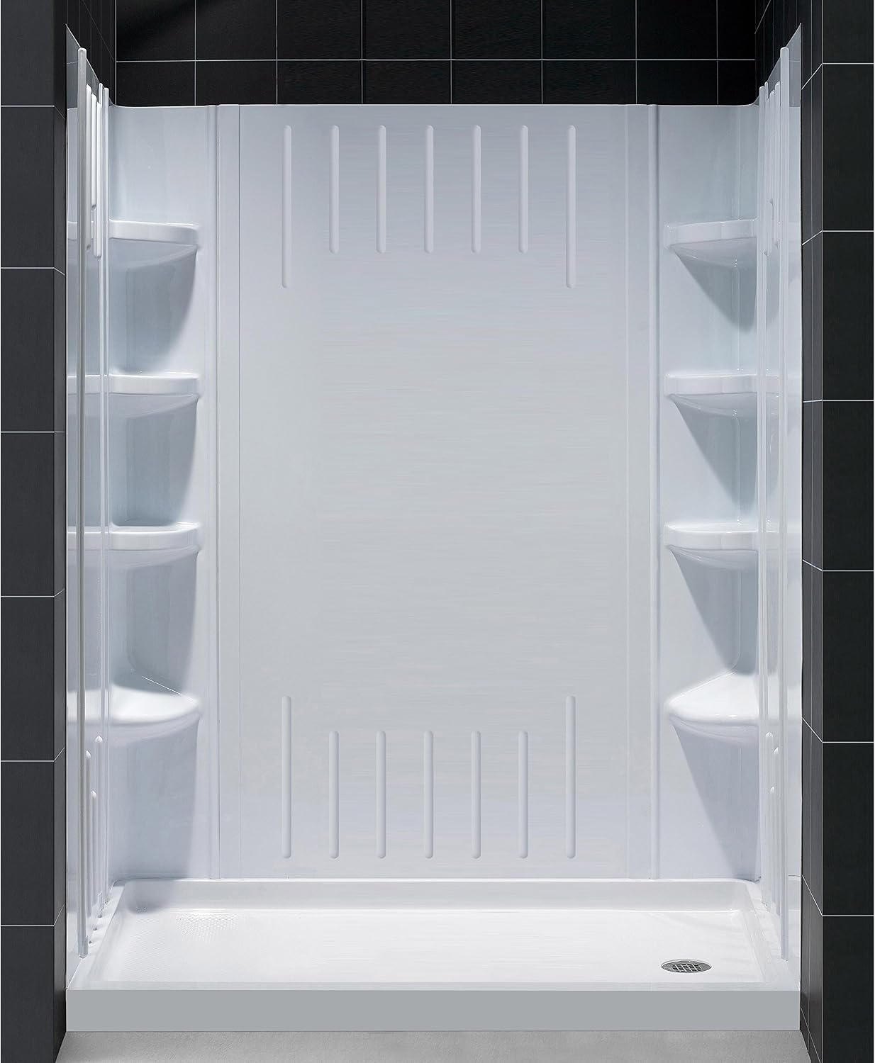 DreamLine 32 in. D x 60 in. W x 75 5/8 in. H Center Drain Acrylic Shower Base and QWALL-3 Backwall Kit In White, DL-6146C-01