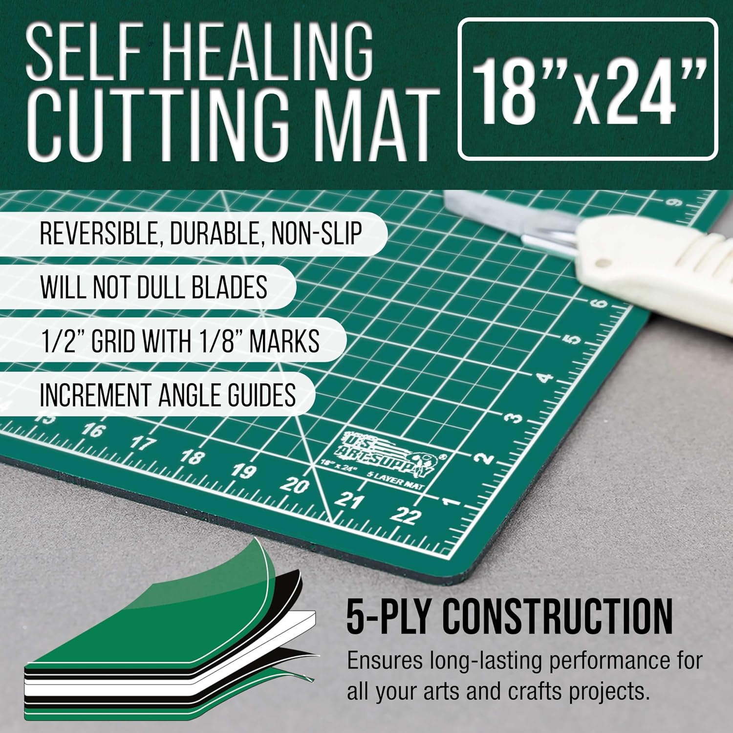 U.S. Art Supply 18" x 24" Self-Healing Cutting Mat 5-Ply - Double-Sided Green/Black Craft Mat, Non-Slip Cutting Mats for Crafts, Sewing, Quilting, Scrapbooking | Double-Sided Green/Black Craft Mat, Non-Slip Cutting Mats for Crafts, Sewing, Quilting, Scra…