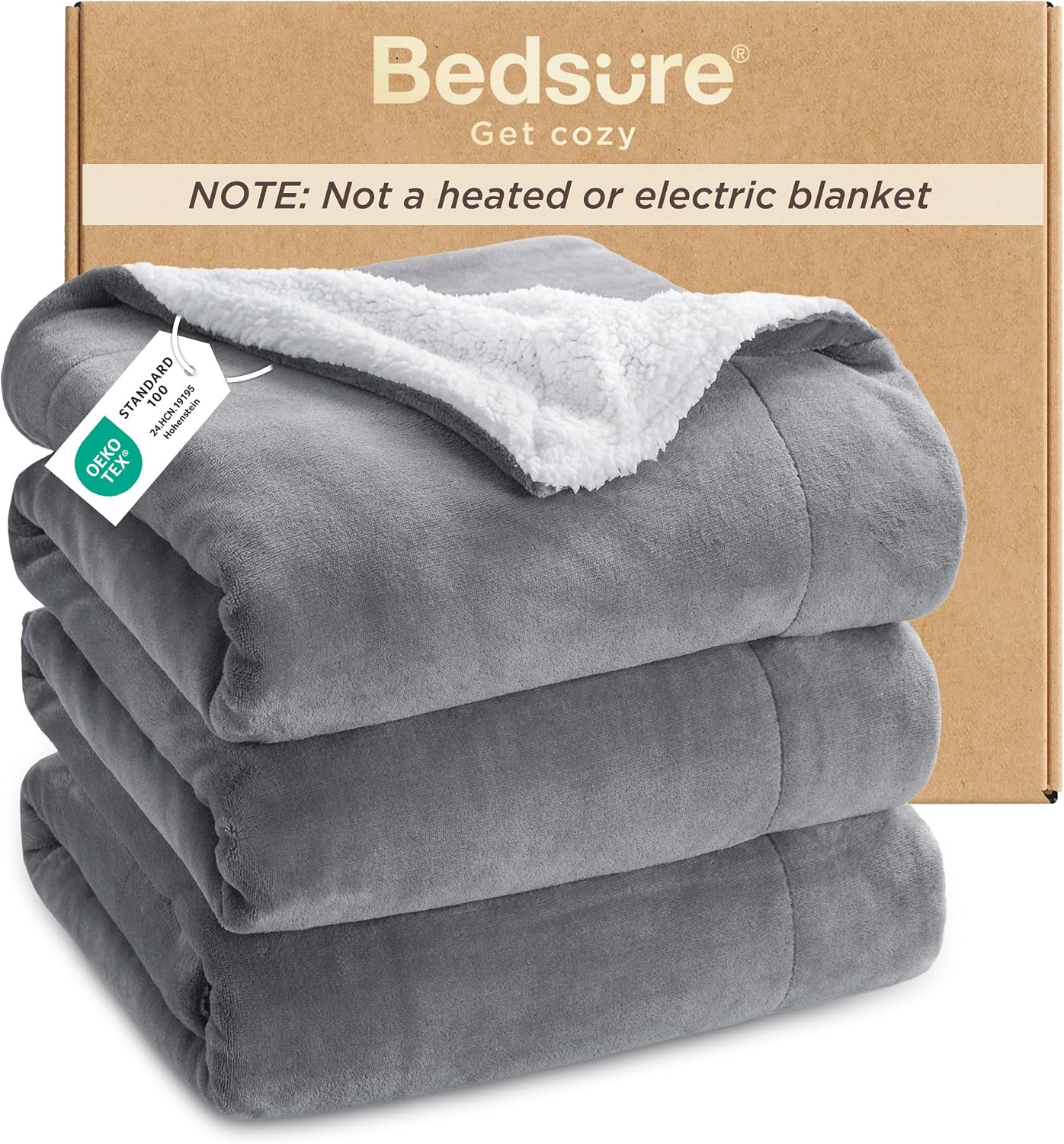 Bedsure GentleSoft Sherpa Fleece Throw Blanket for Couch, Non-Heated, Thick & Warm Cozy Blanket for Winter Fall, Soft Fuzzy Plush Throw Gifts for Women and Men, Grey, 50x60 Inches