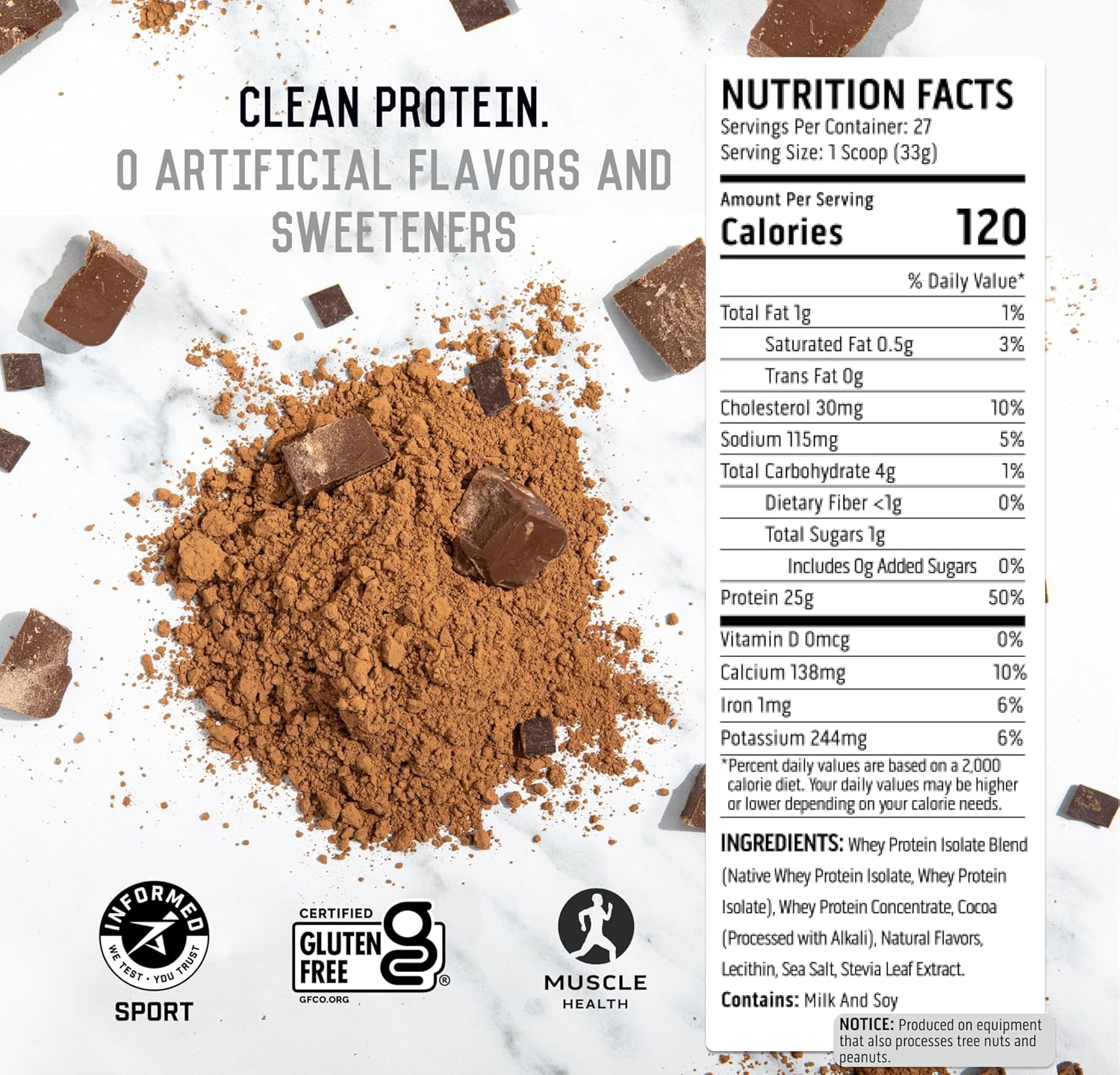 Ascent 100% Whey Protein Powder - Post Workout Whey Protein Isolate, Zero Artificial Flavors & Sweeteners, Gluten Free, 5.5g BCAA, 2.6g Leucine, Unflavored 2 lb