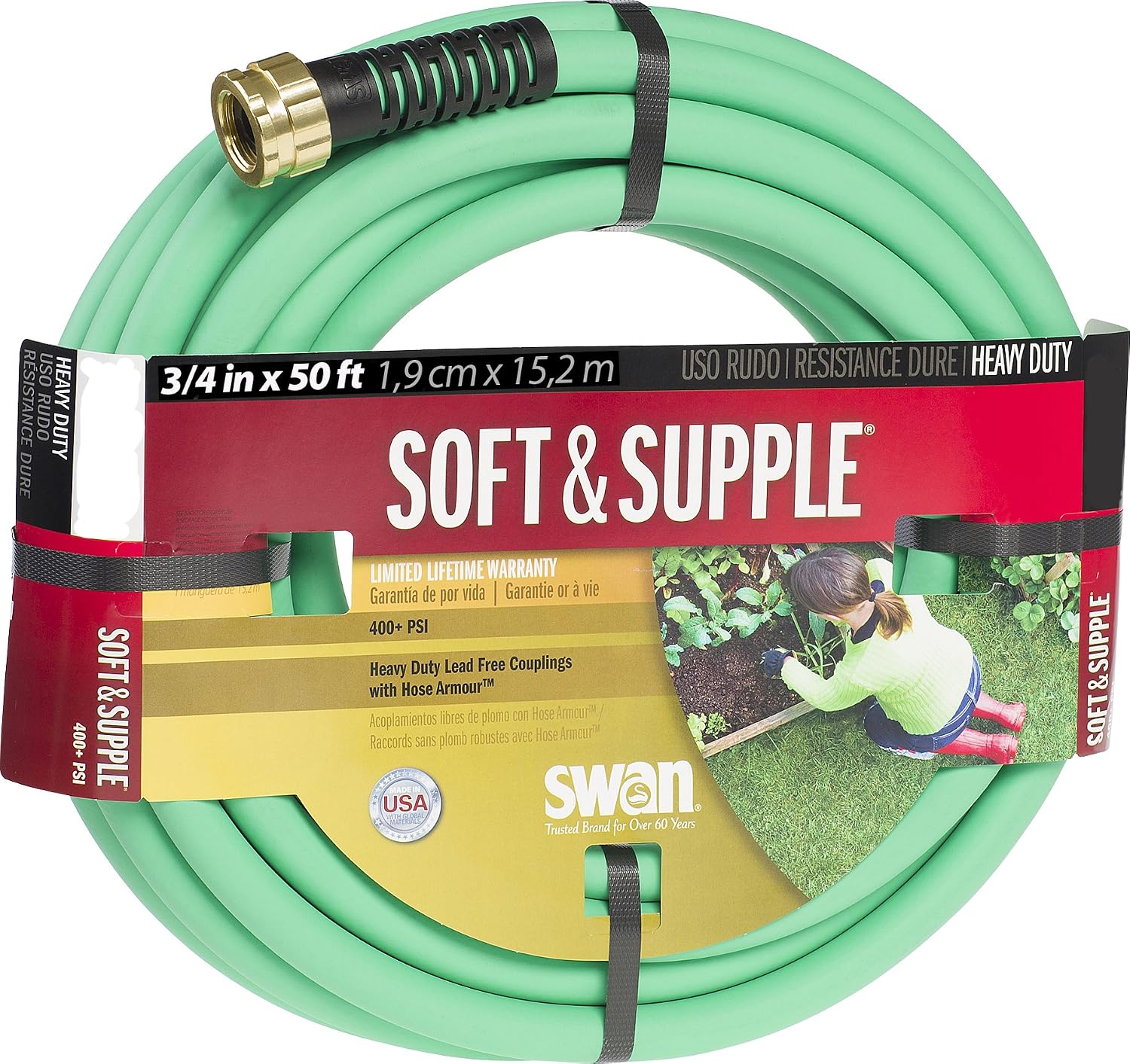 Swan Products SNSS58075 Soft/Supple Easy Coil Heavy Duty Water Hose 75 ft, 5/8" Diameter, Green