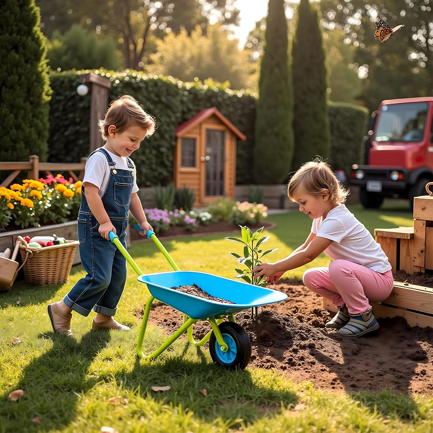 G & F Kids Metal Wheelbarrow, Child-Size Steel Garden Wheelbarrow for Toddlers & Kids, Sturdy Single-Wheel Design for Outdoor Play
