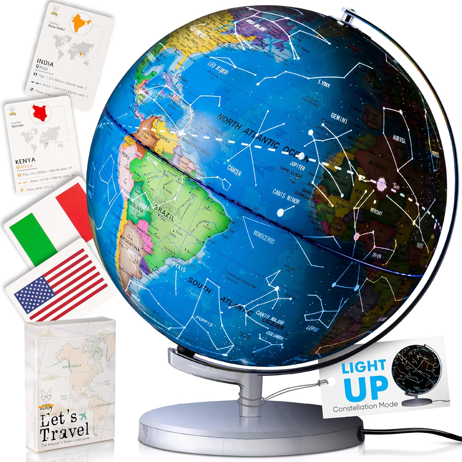 SMART WALLABY 9" Illuminated Educational Kids World Globe + STEM Flags & Countries Interactive Card Game. 3 in 1 Children Desktop Spinning Earth
