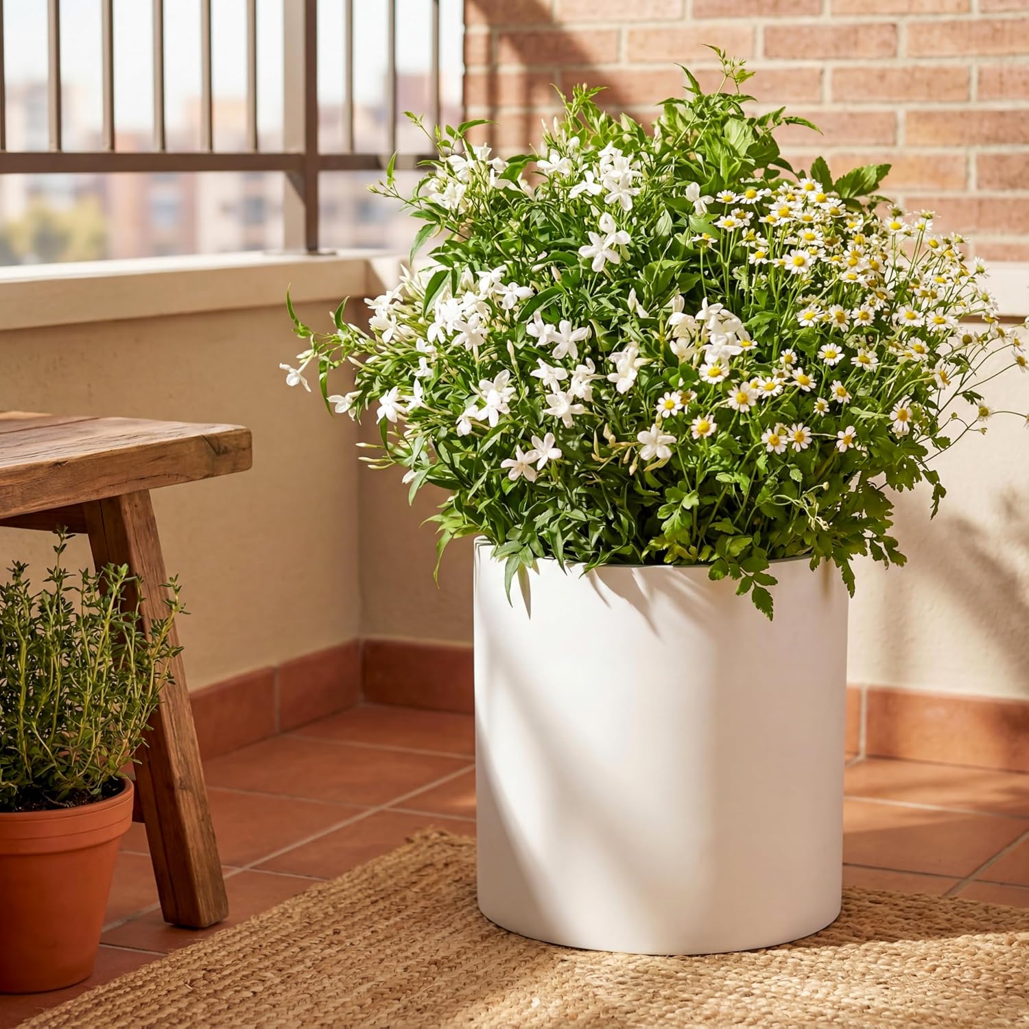 FaithLand 14 Inch Fiberstone Planter - Lightweight Modern Cylinder Plant Pot with Drainage Hole & Plug, Indoor Outdoor Use, Matte White
