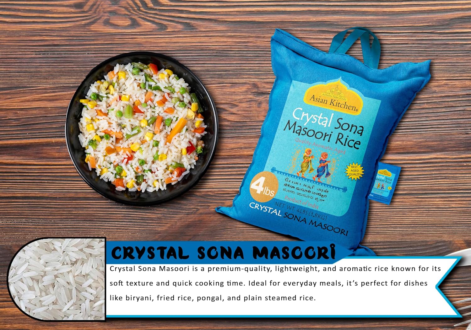 Asian Kitchen White Sona Masoori Aged Rice 20-Pound Bag, 20lbs (9.08kg) Short Grain Rice ~ All Natural | Gluten Friendly | Vegan | Kosher | Indian Origin | Export Quality