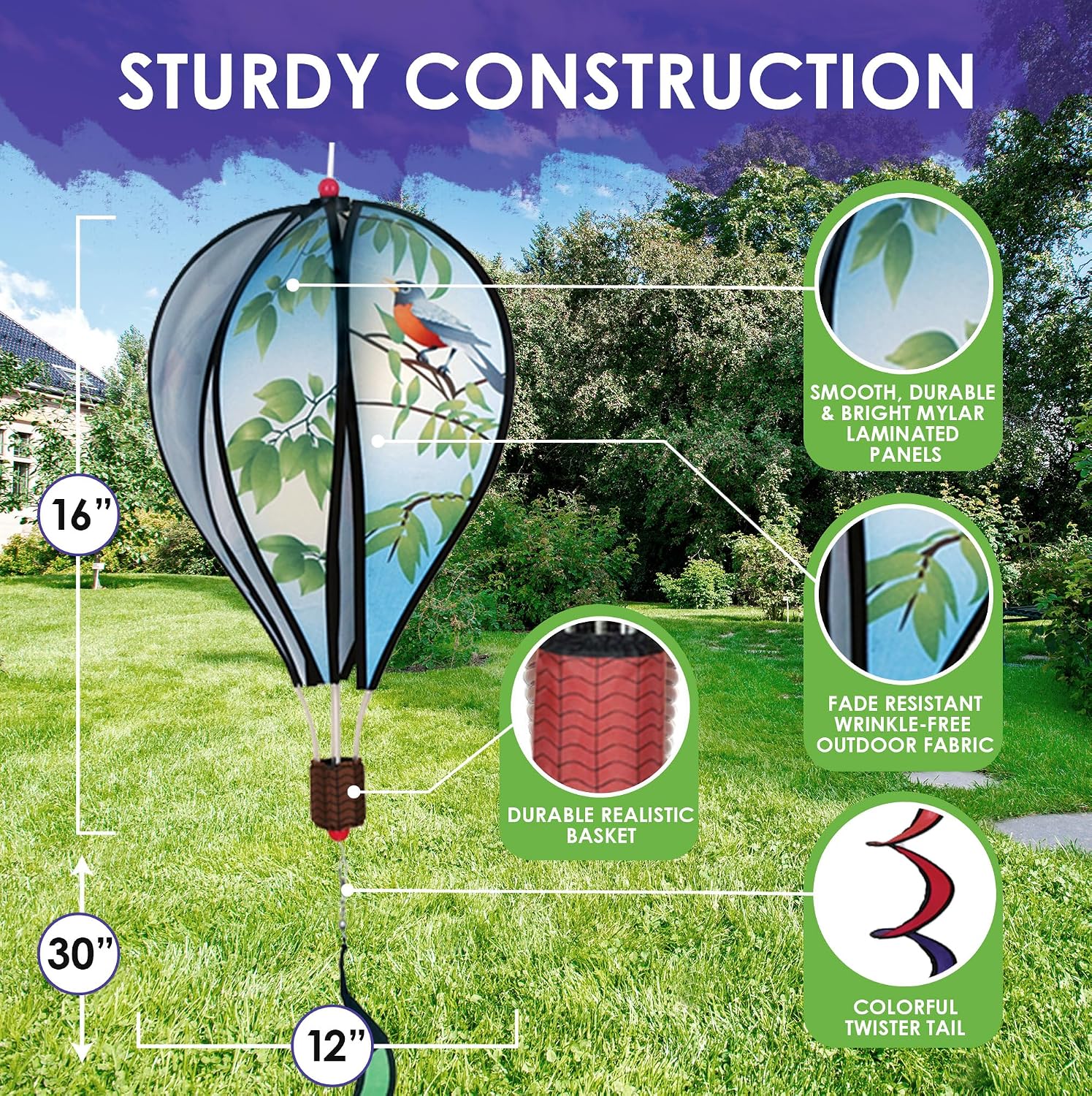 Hot Air Balloon Hanging Garden Spinner 16" - Vibrant Patriotic Design, Weather-Resistant Outdoor Decor, Durable & Lightweight for Patios, Yards, and Gardens - Eye-Catching Wind Spinner