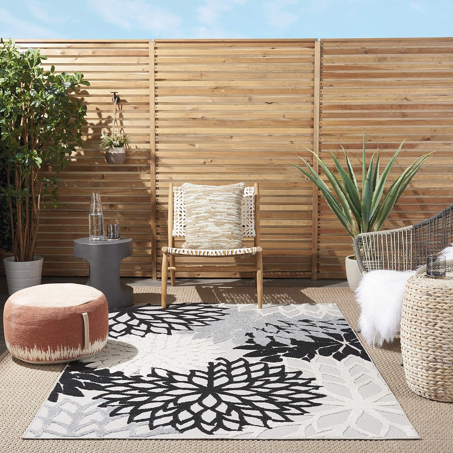 Nourison Home Aloha Indoor/Outdoor Black White 2'8" x 4' Area Rug, Tropical, Botanical, Easy Cleaning, Non Shedding, Bed Room, Living Room